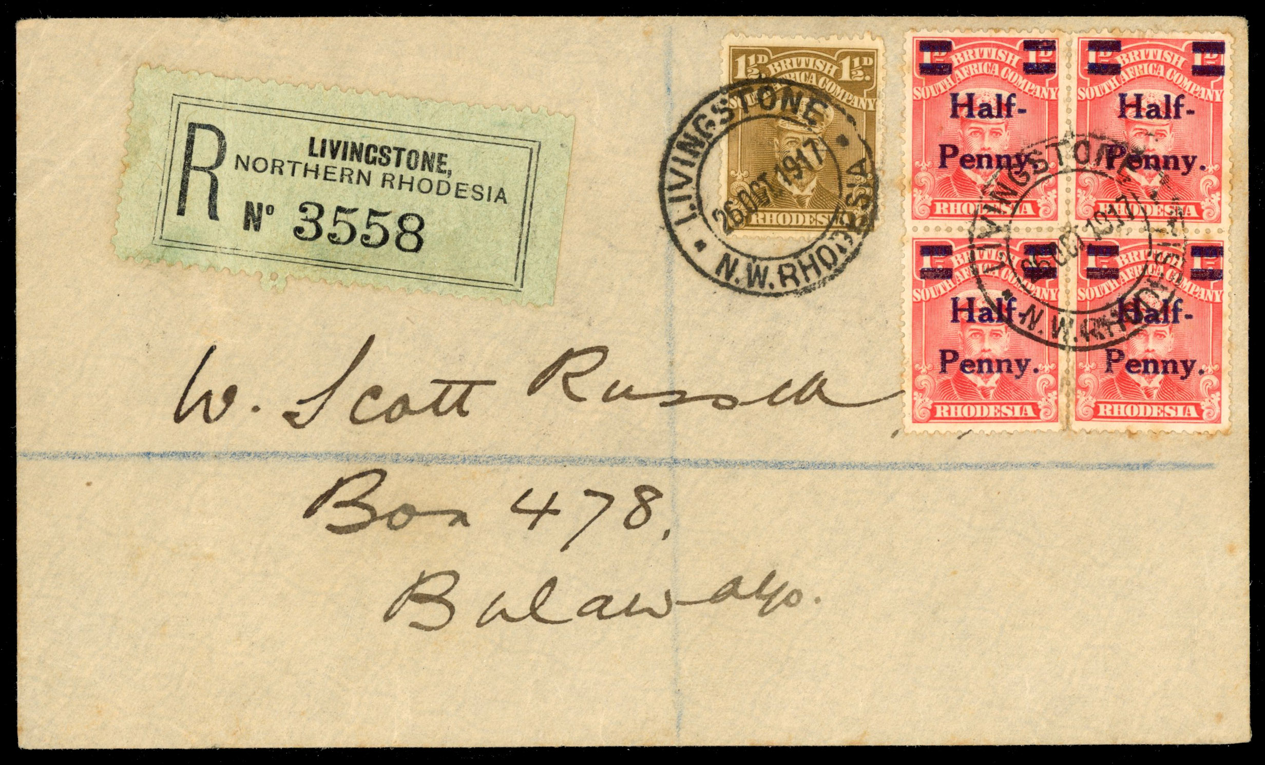 Rhodesia 1917 cover with block of ½d on 1d provisionals