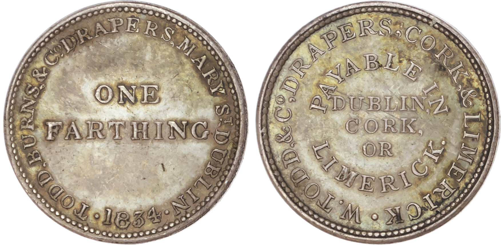 Dublin, Todd, Burns & Co. SILVER PROOF farthing (1830s), denom./ five-line legend, 21mm. (W 6310). Good Extrem…