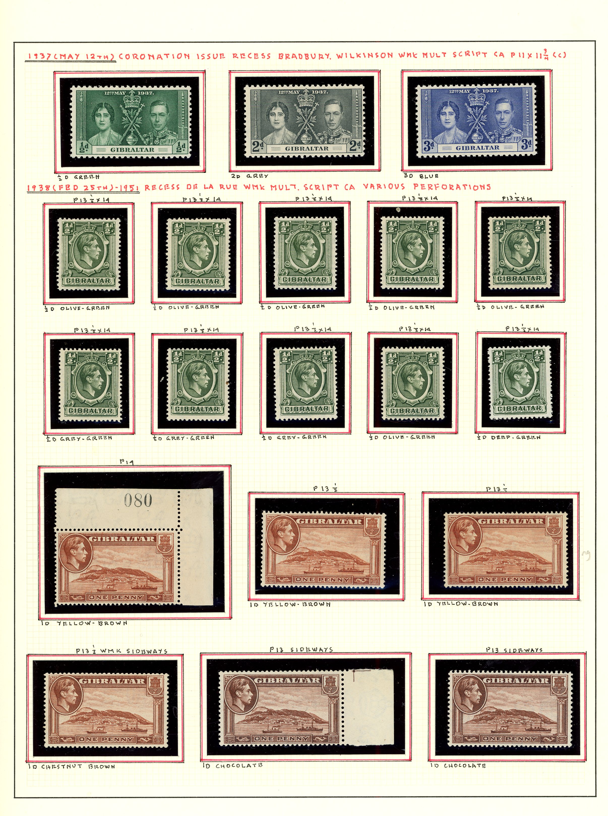 Gibraltar 1938-51 mint definitive study (123) on leaves