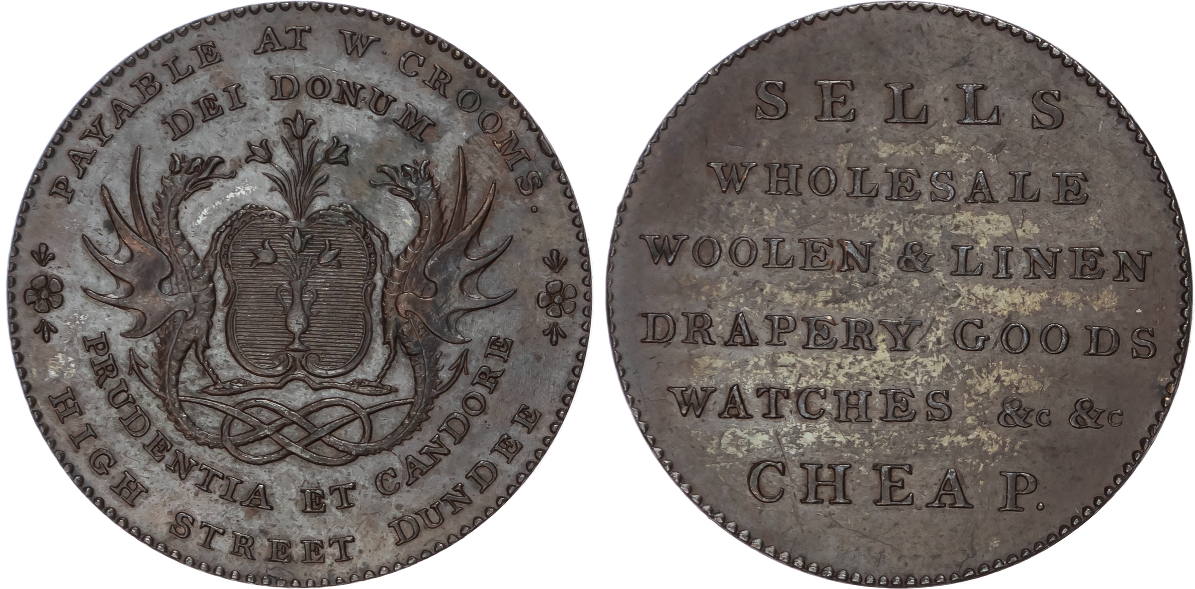 Angus. Dundee, William Croom (draper), Kempson's Halfpenny, arms and supporters of town, period after Dundee, …