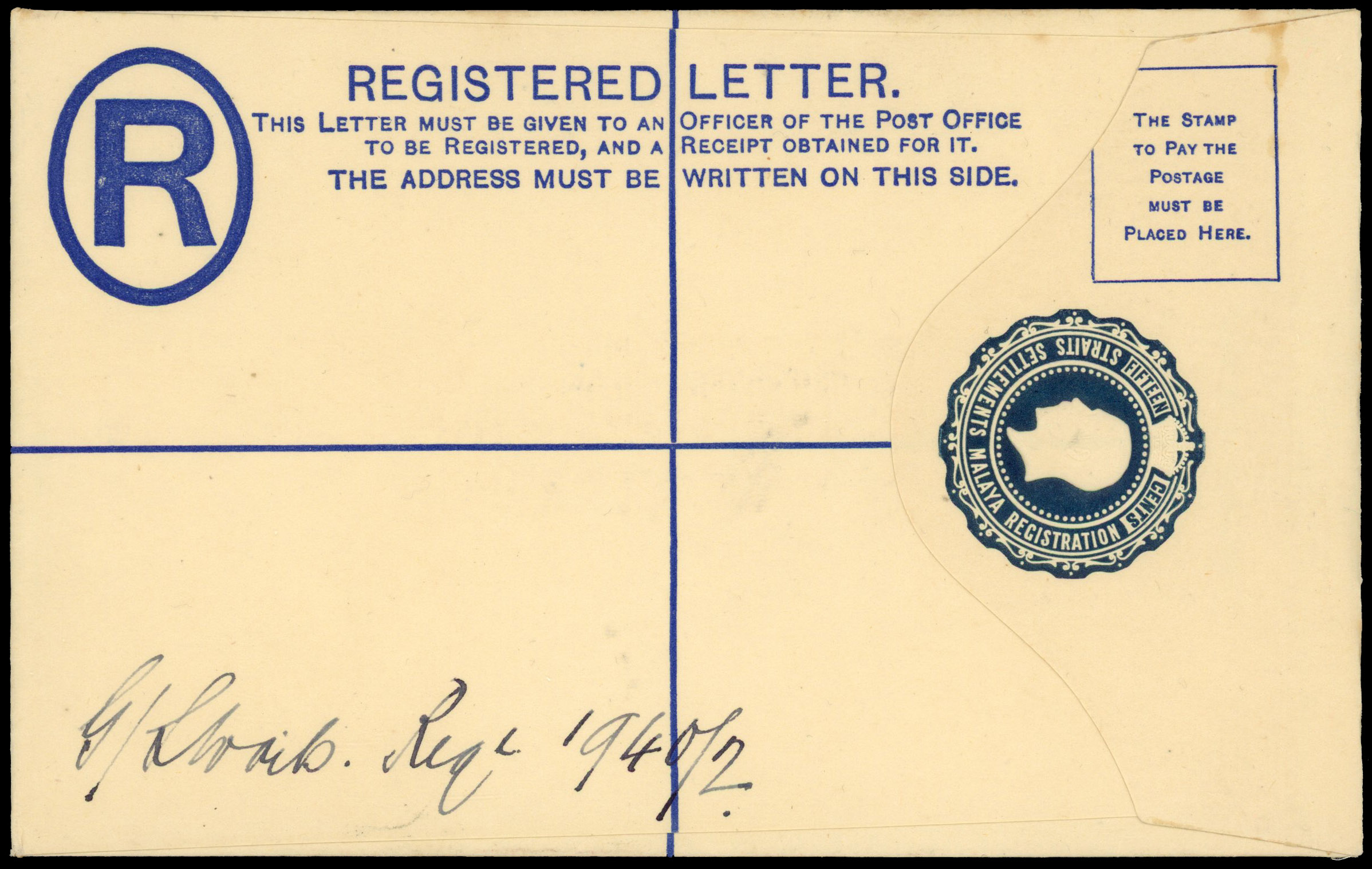 Straits Settlements 1935 KGV 15c blue registered p/s envelope