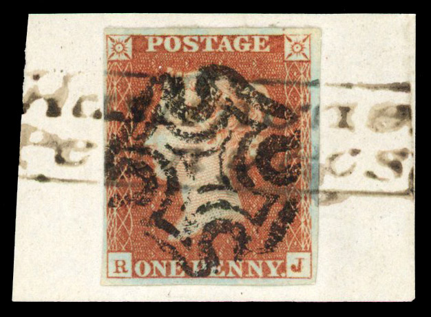 Plate 24 (RJ) four close to good margins, tied to a small piece by a black MC and a watery, black "Haslington/Penny Post"...