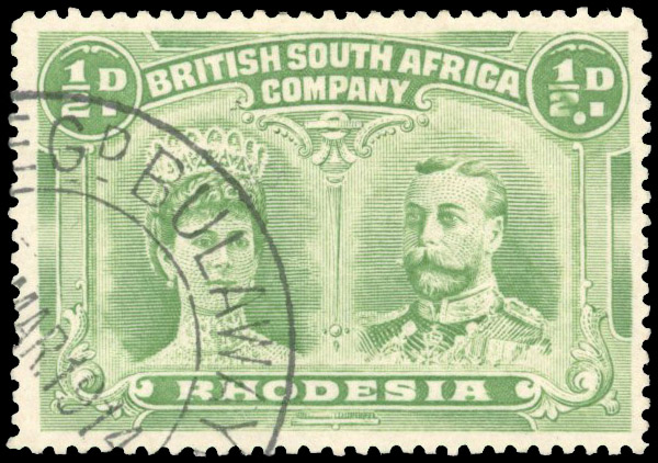 Rhodesia 1910-13 ½d dull blue-green perf 15 variety Double Dot
