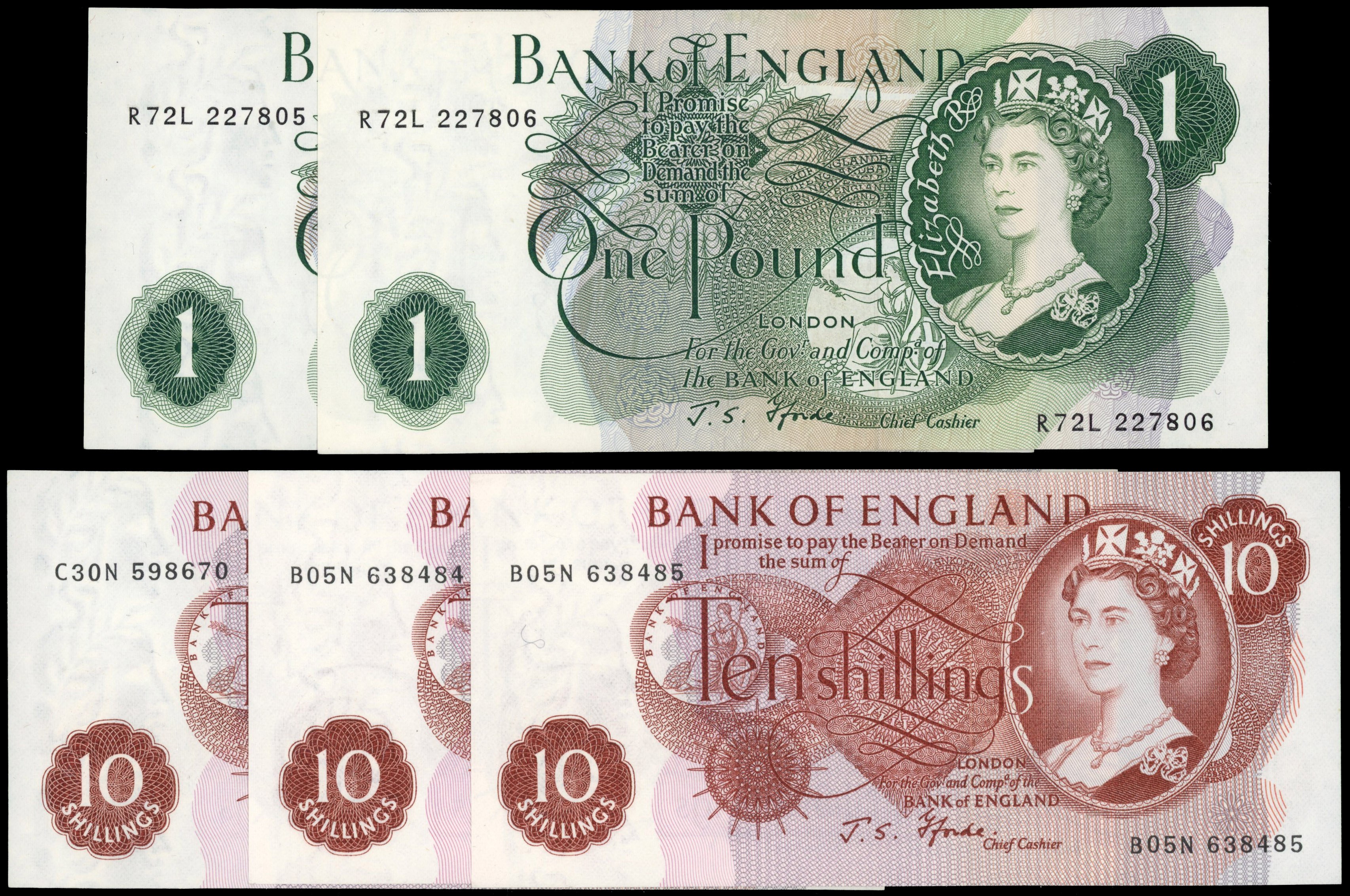 Bank of England, J S Fforde, One Pound, Feb. 1967, R72L 227805 and 227806, (consecutive), (Dugg. B307); Ten Sh…