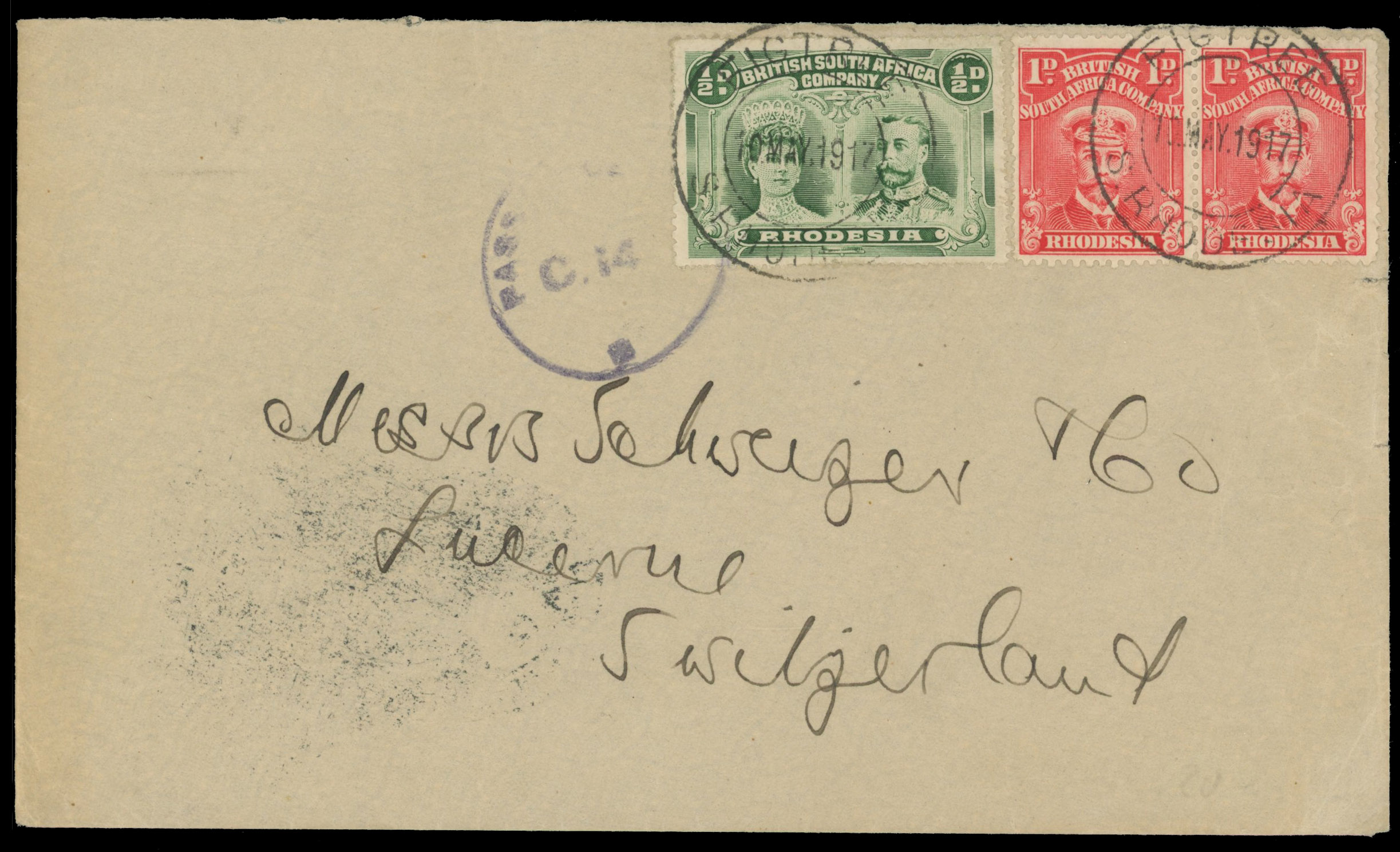 Rhodesia 1d Admiral pair on cover to Switzerland