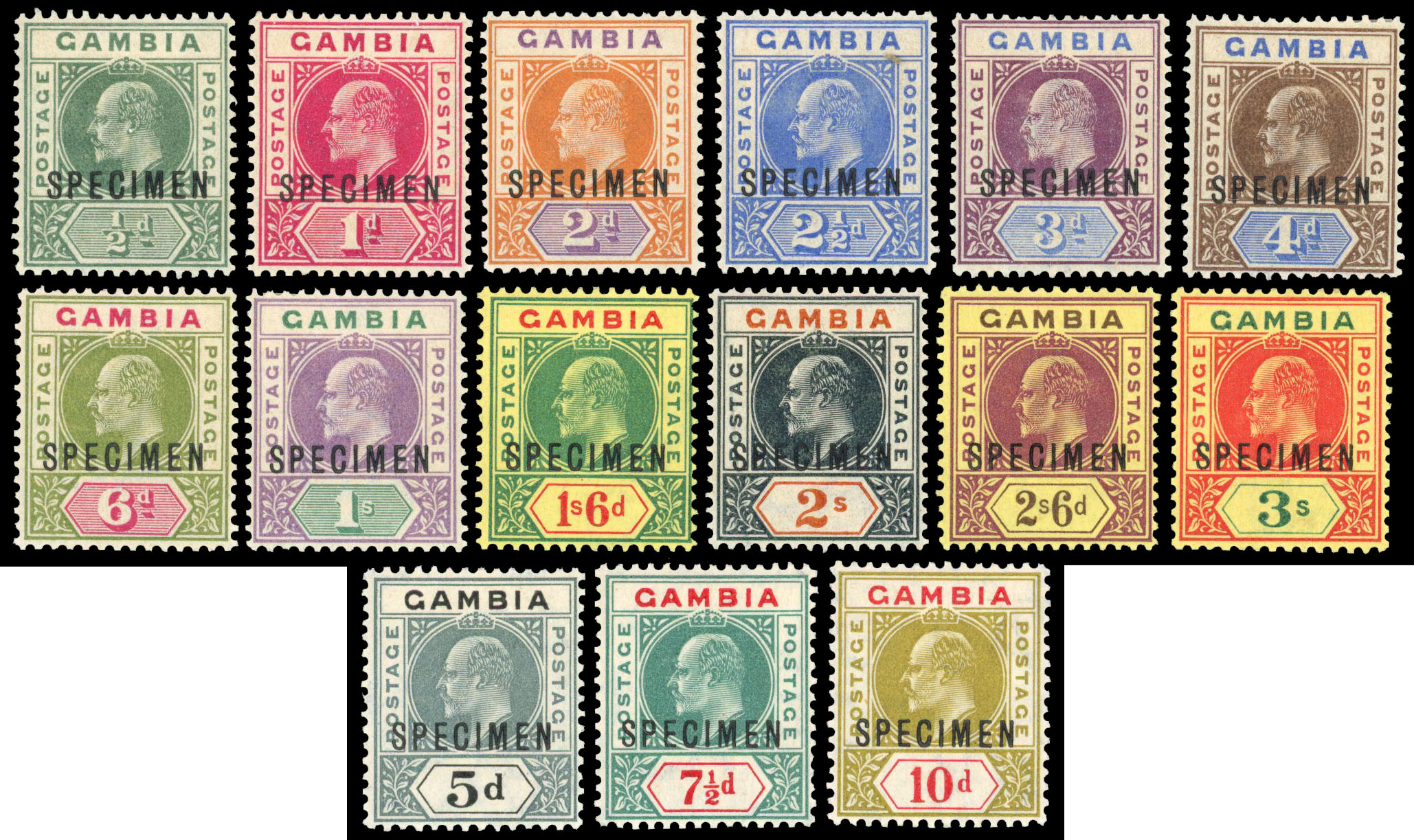 1902-05 ½d to 3s, 1904 5d, 7½d and 10d, and 1909 1d to 3s all overprinted “SPECIMEN” (28) o.g. SG 45S/56S, 63S, 65S, 