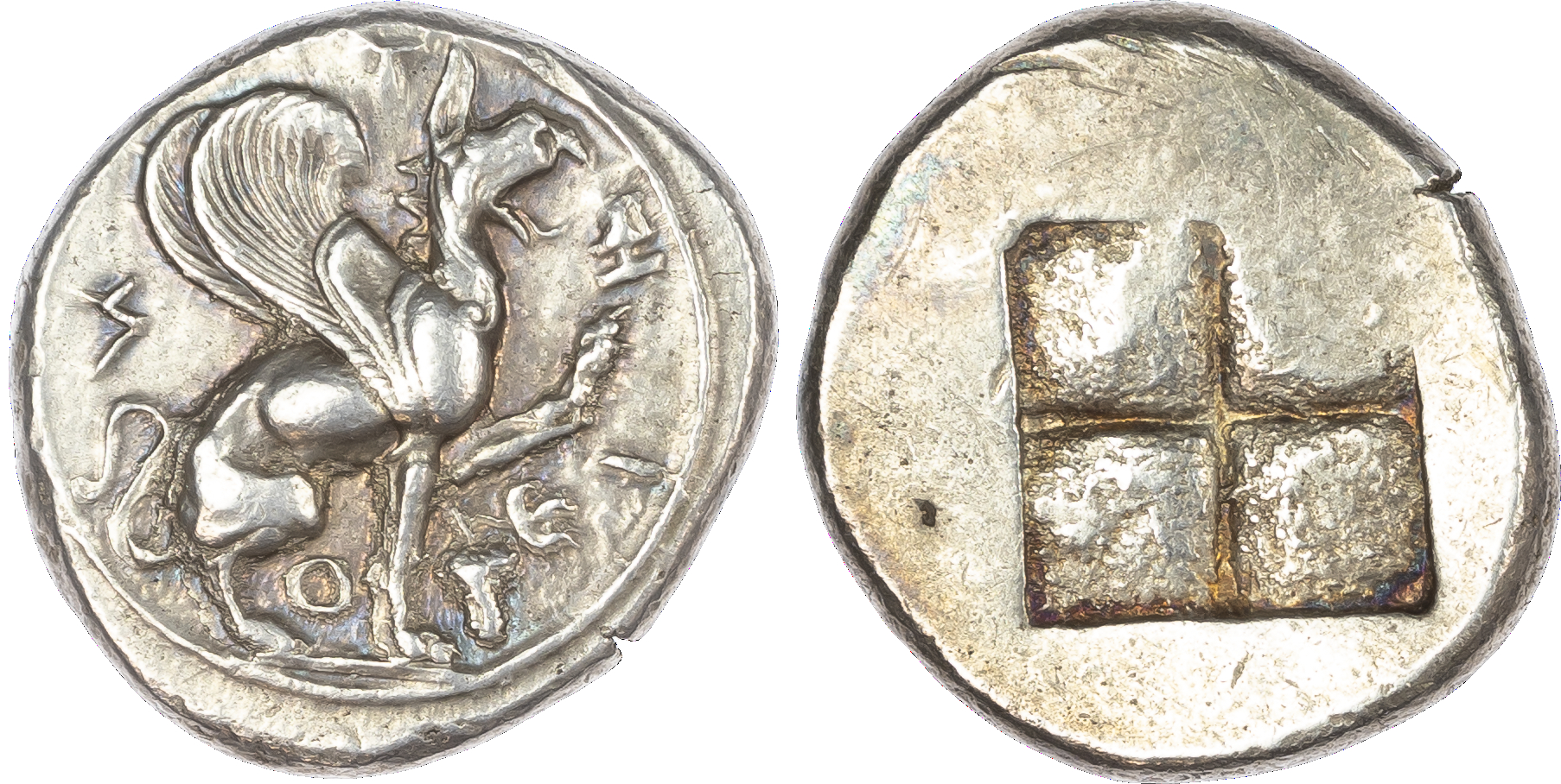 Ionia, Teos (c. 440‑420 BC) AR Stater, 12.11g. Griffin with curved wings standing right, raising forepaw. Rev. Quadripartite