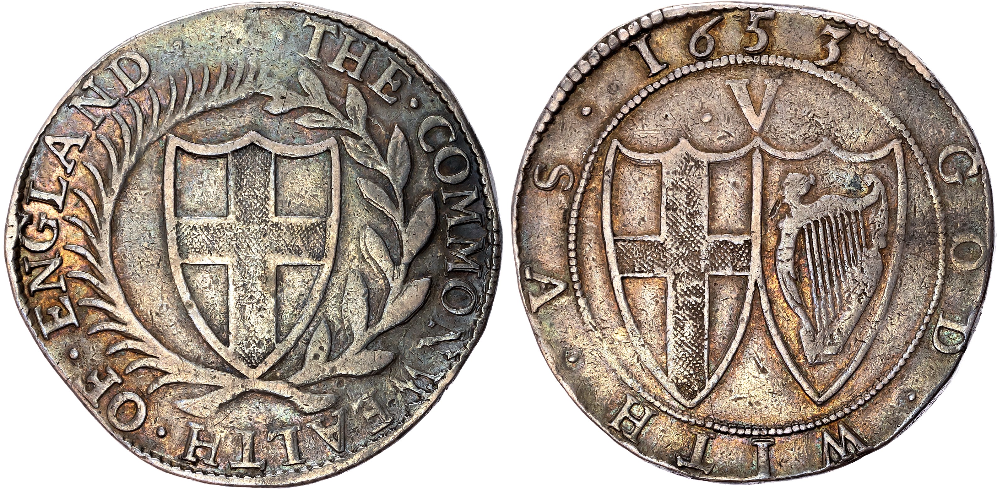 Commonwealth (1649-1660) Crown, 1653, mintmark sun on obv. only. English shield within laurel and palm branch. Rev, Engl…