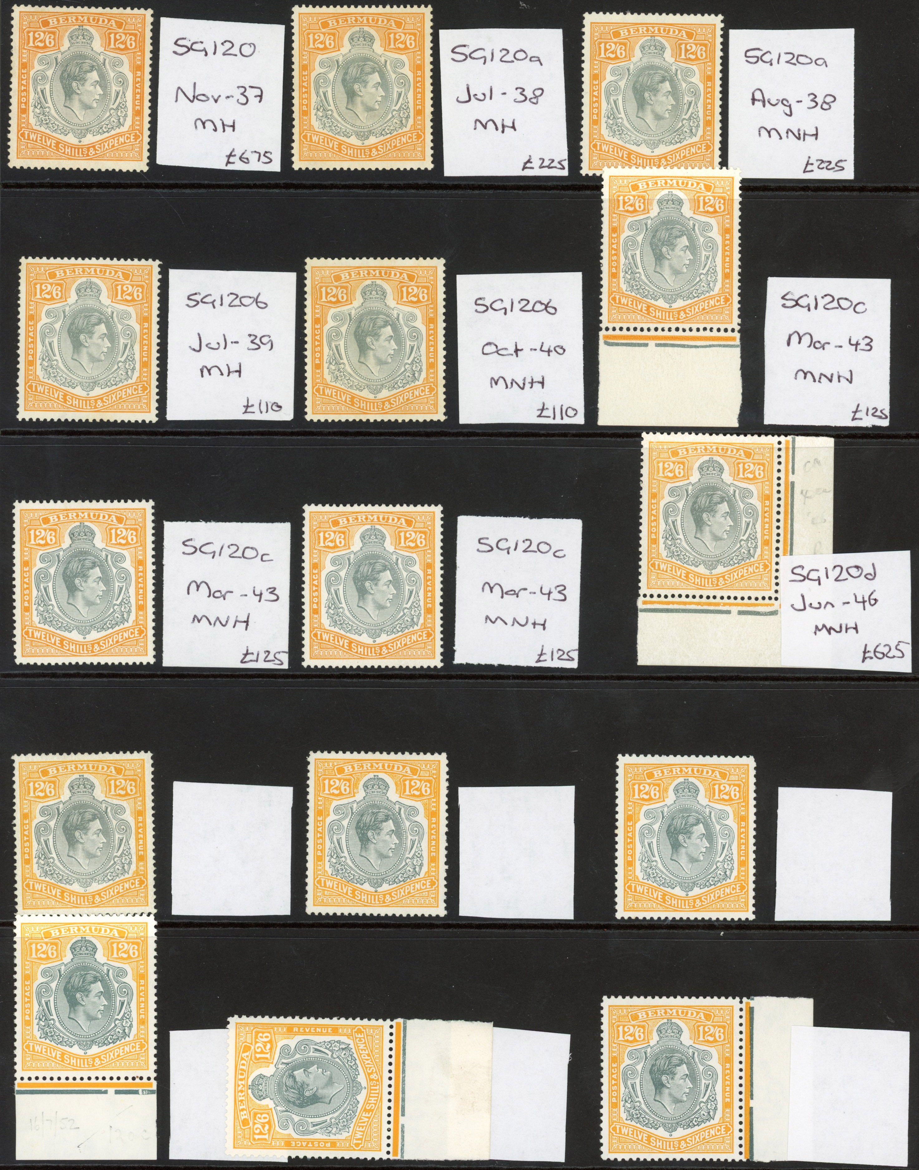 Bermuda SG 120/120e 1938-53 12s6d mint range