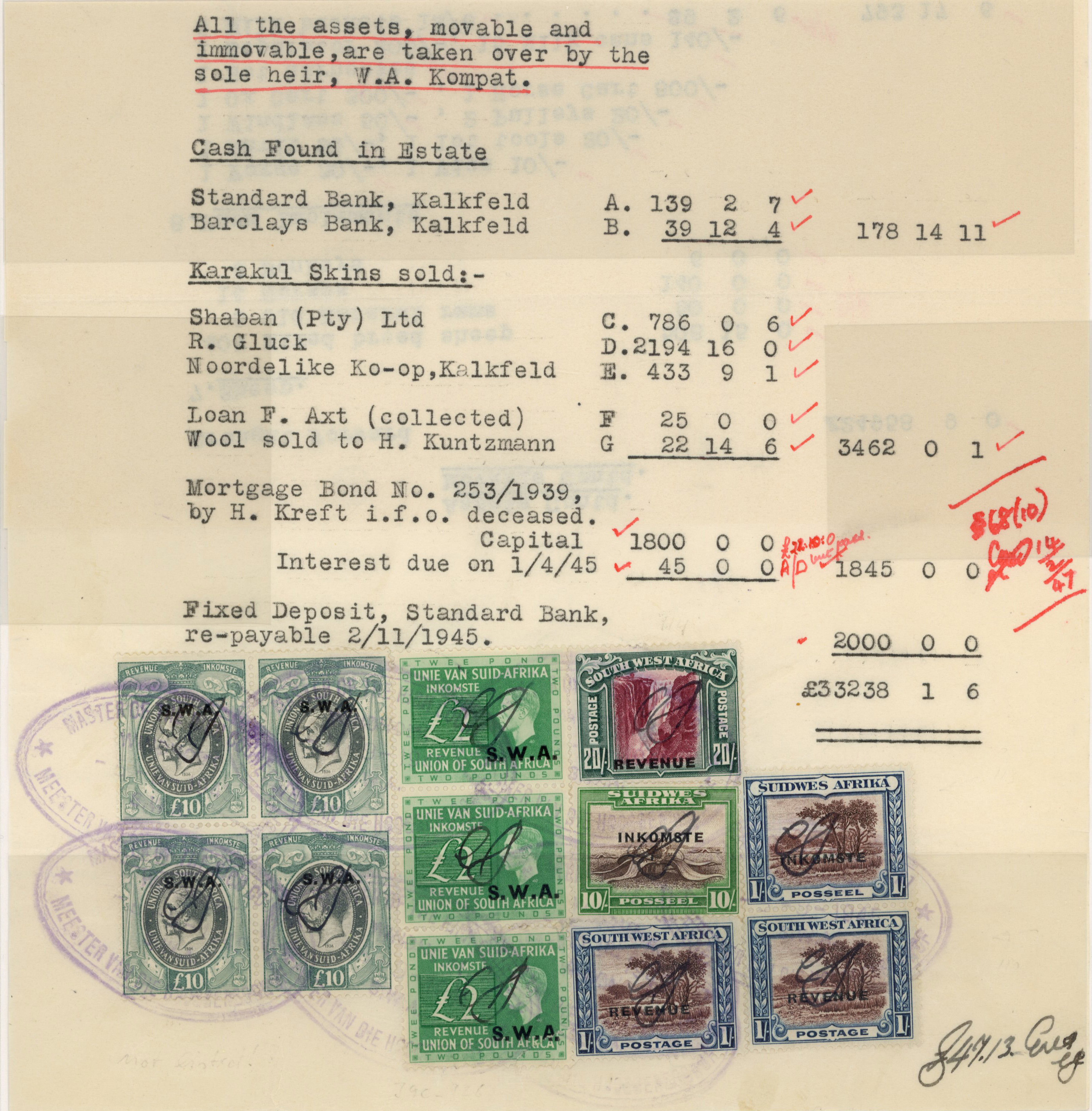South West Africa Revenues. c1931 small format KGV heads on documents