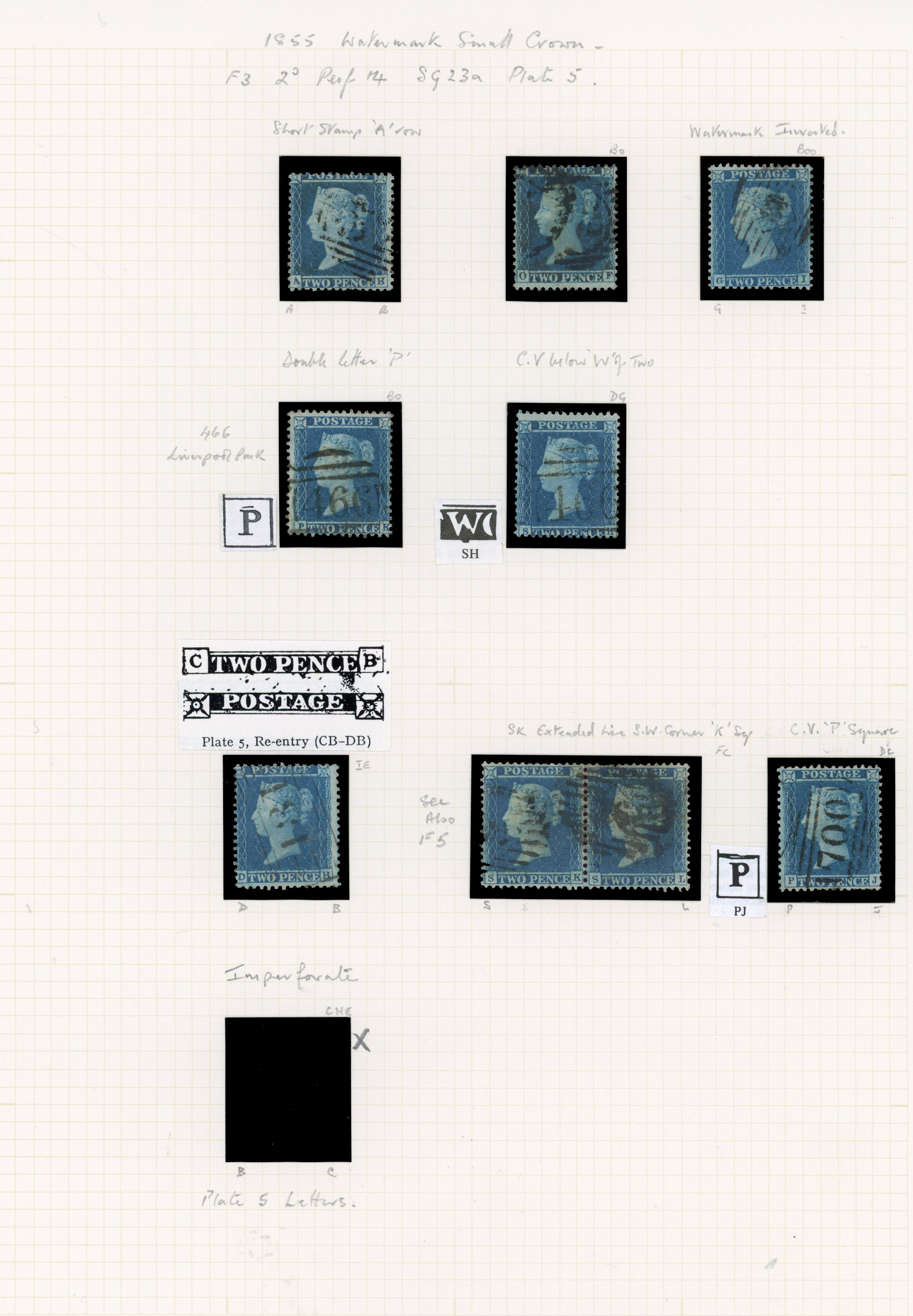 1855 2d Blue Pl.5 (SG23a, Die I, Alphabet II, Wmk, Small Crown, Perf 14)