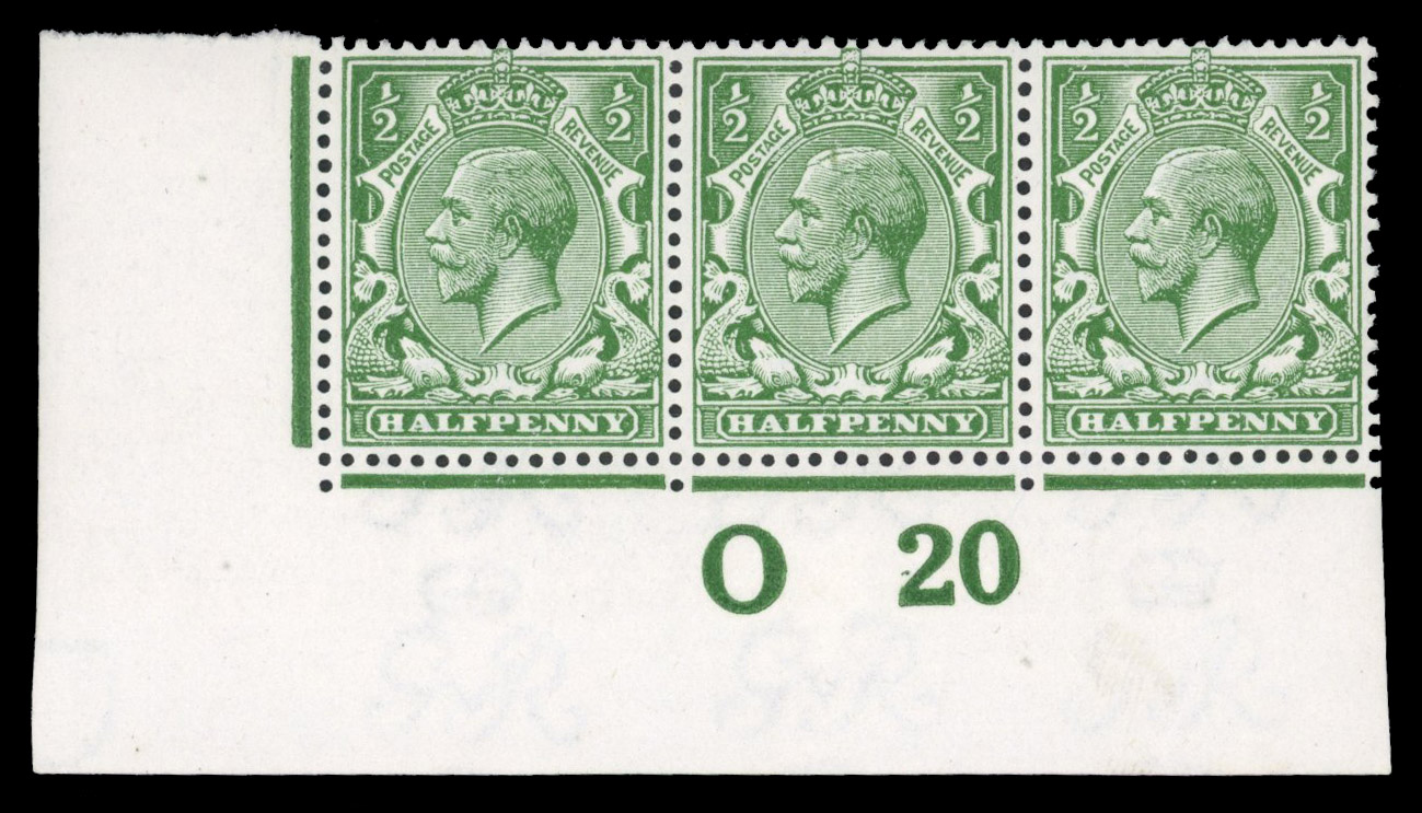 GB: 1912-24 ½d dull blue-green, mint unmounted o.g. control O20 strip of three. Fine with lovely colour
