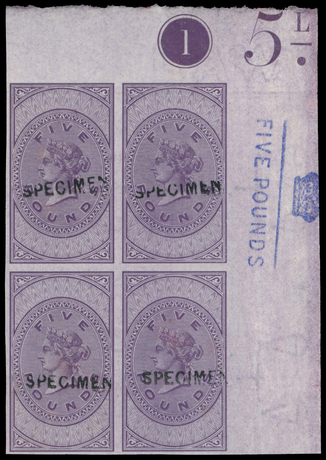 GB Unappropriated Dies £5 Specimen block