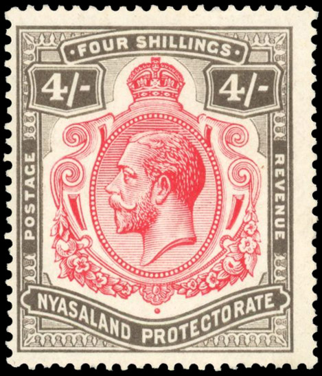 Nyasaland SG 95 1913-21 4/- nick in top right scroll mint