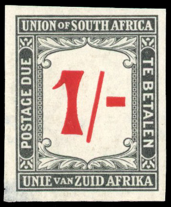 South Africa 1914-22 postage due 1s red and black imperf plate proof