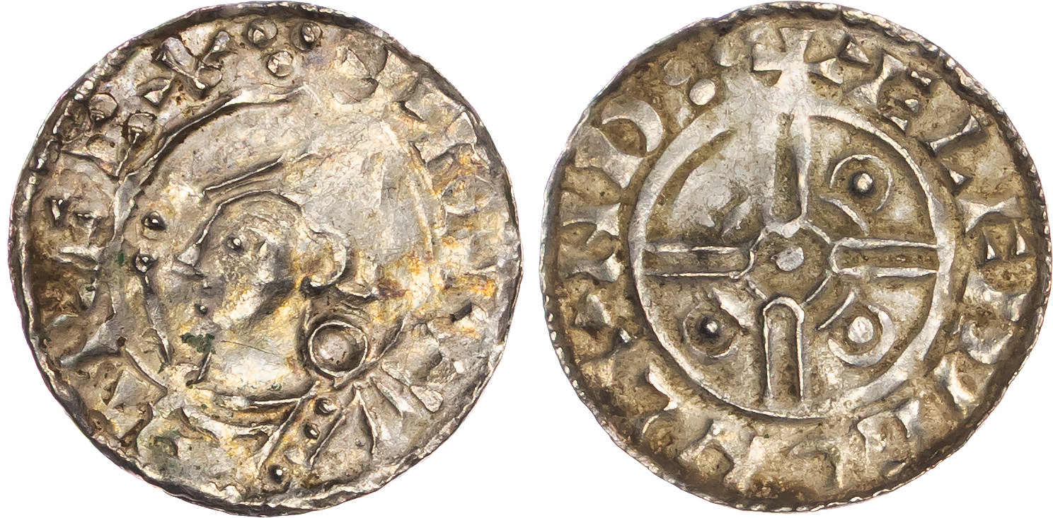 Cnut (1016-1035), AR Penny, Pointed Helmet type (1024-1030), London mint, Aelfric as moneyer. 