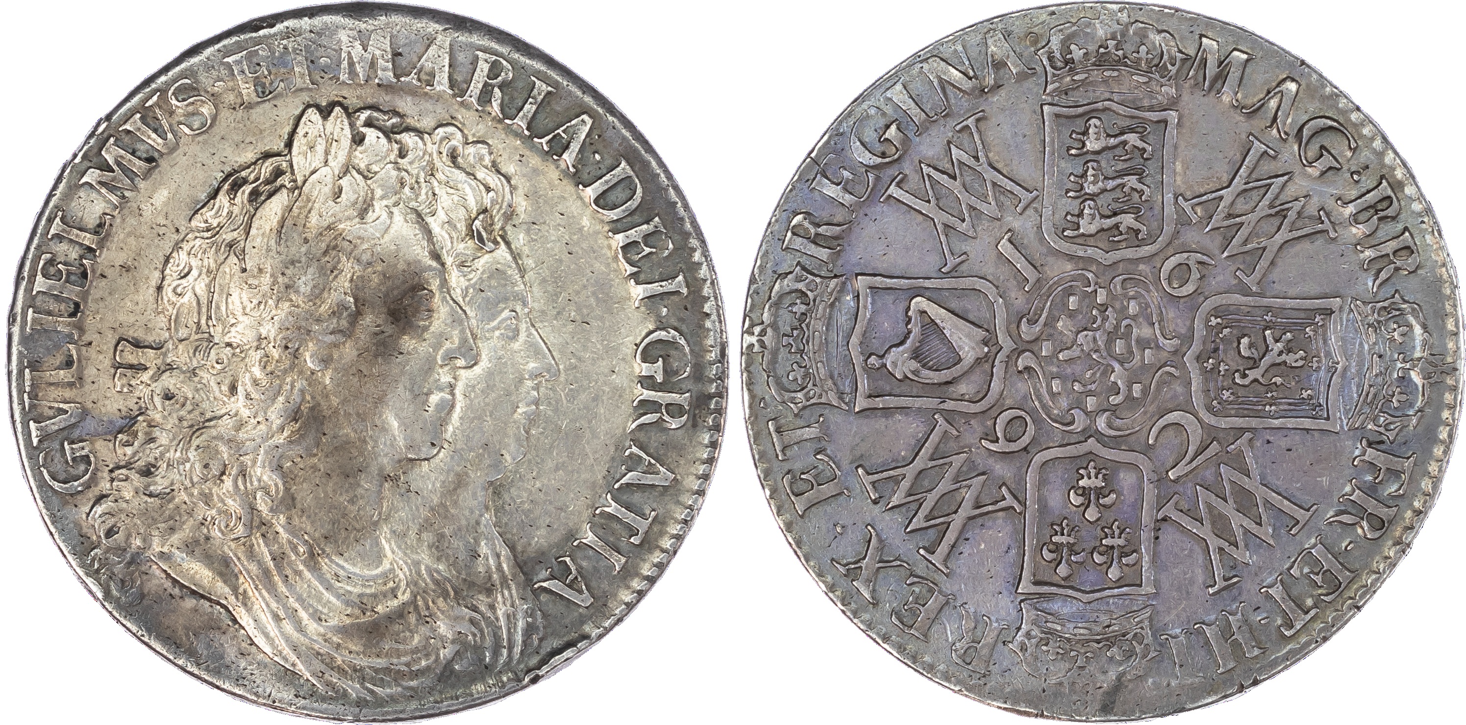 William and Mary (1688-1694), Crown, 1692 QVARTO, 'Large 2', conjoined laureate and draped busts right, reverse crowned