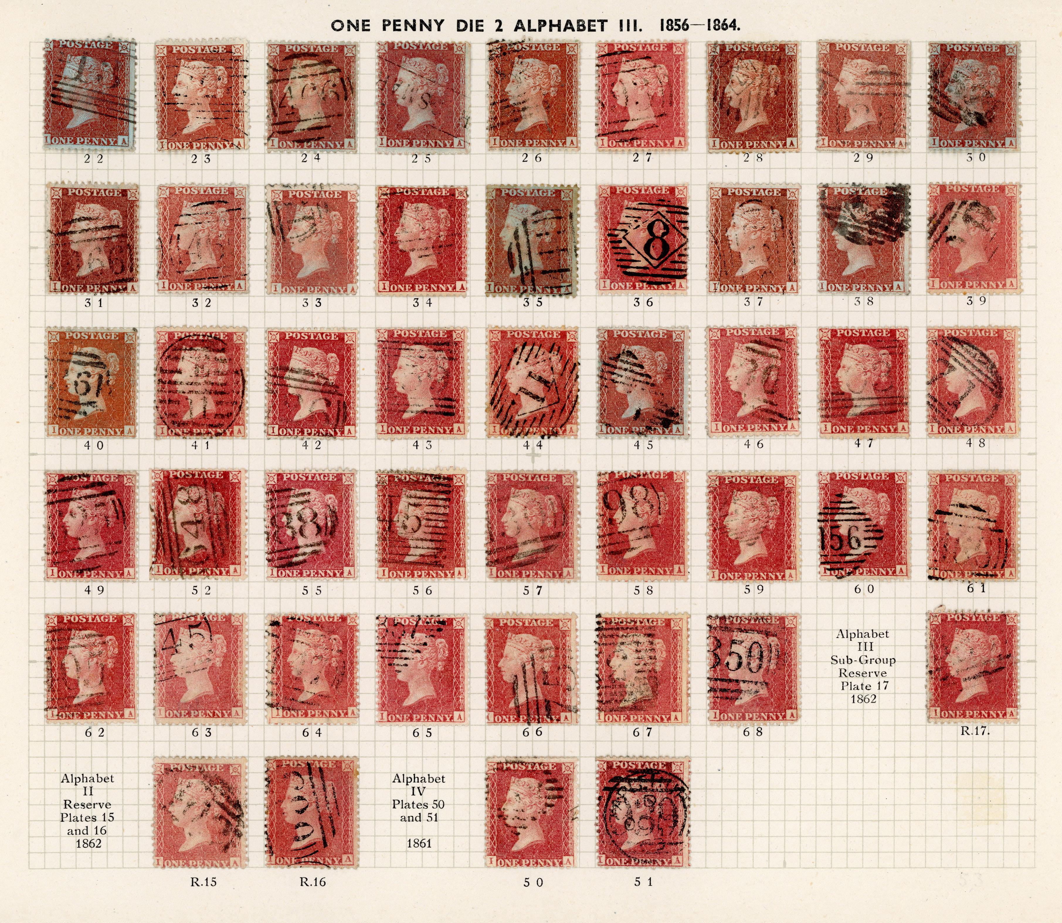GB 1856-64 1d reds from Plates 22 - R17, the I Row