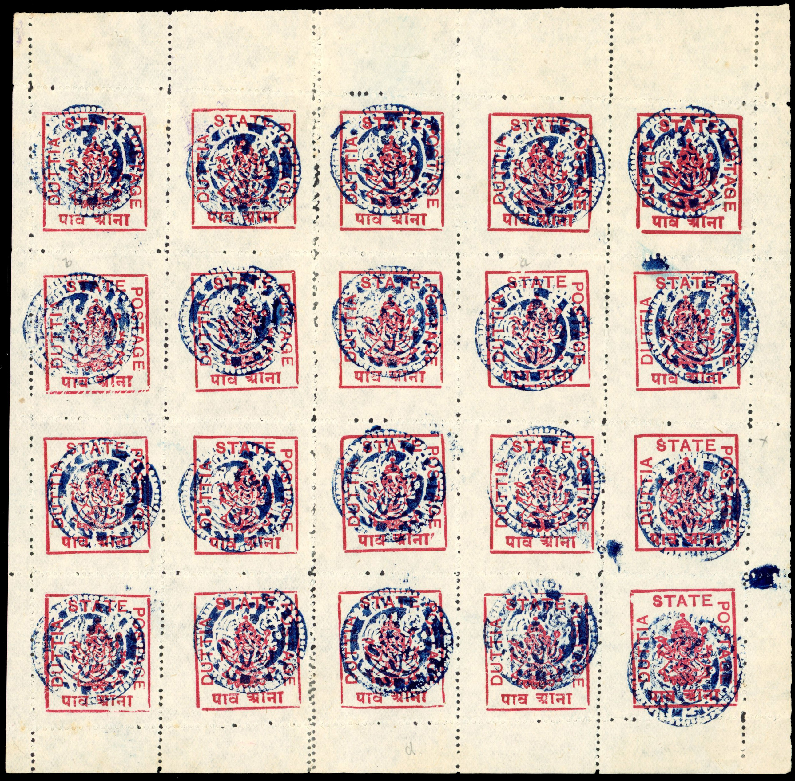 I.F.S. Duttia SG 25 ¼a in complete sheet of 20 unused