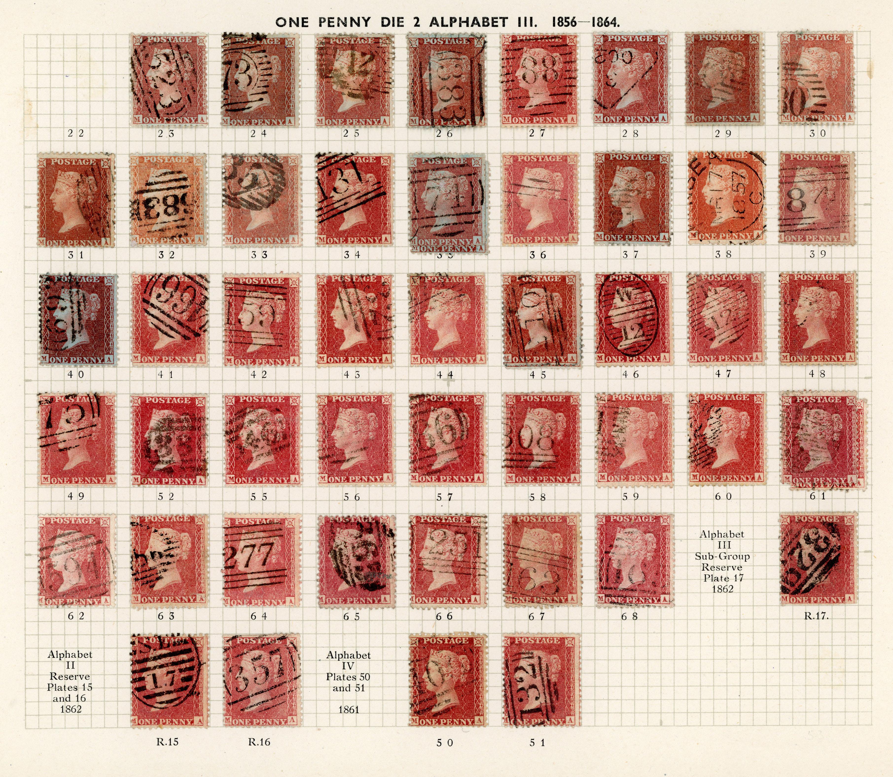 GB 1856-64 1d reds from Plates 22 - R17, the M Row