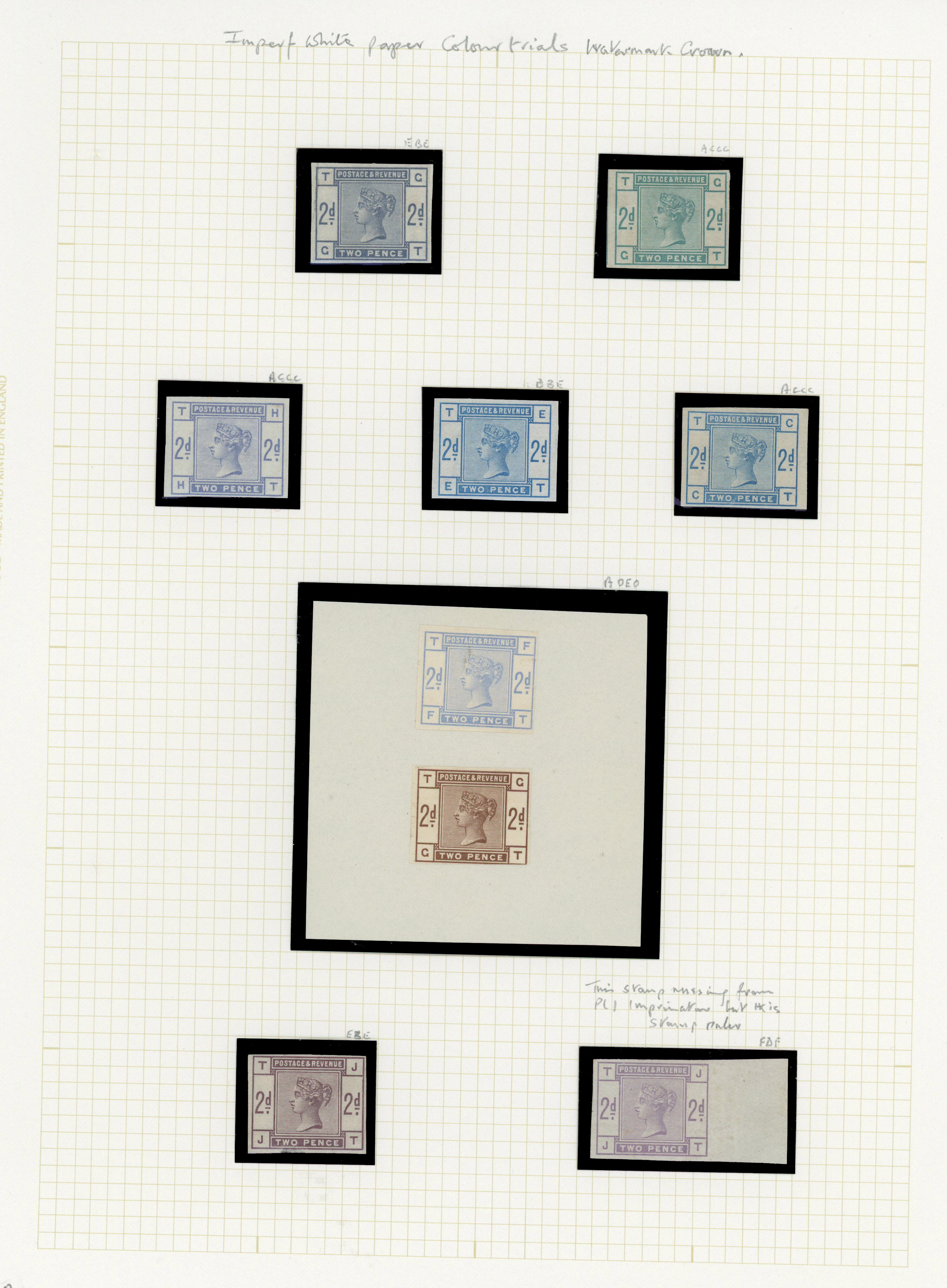 1884 2d Colour trials on (Wmk. Crown). Group of nine imperforate colour trials