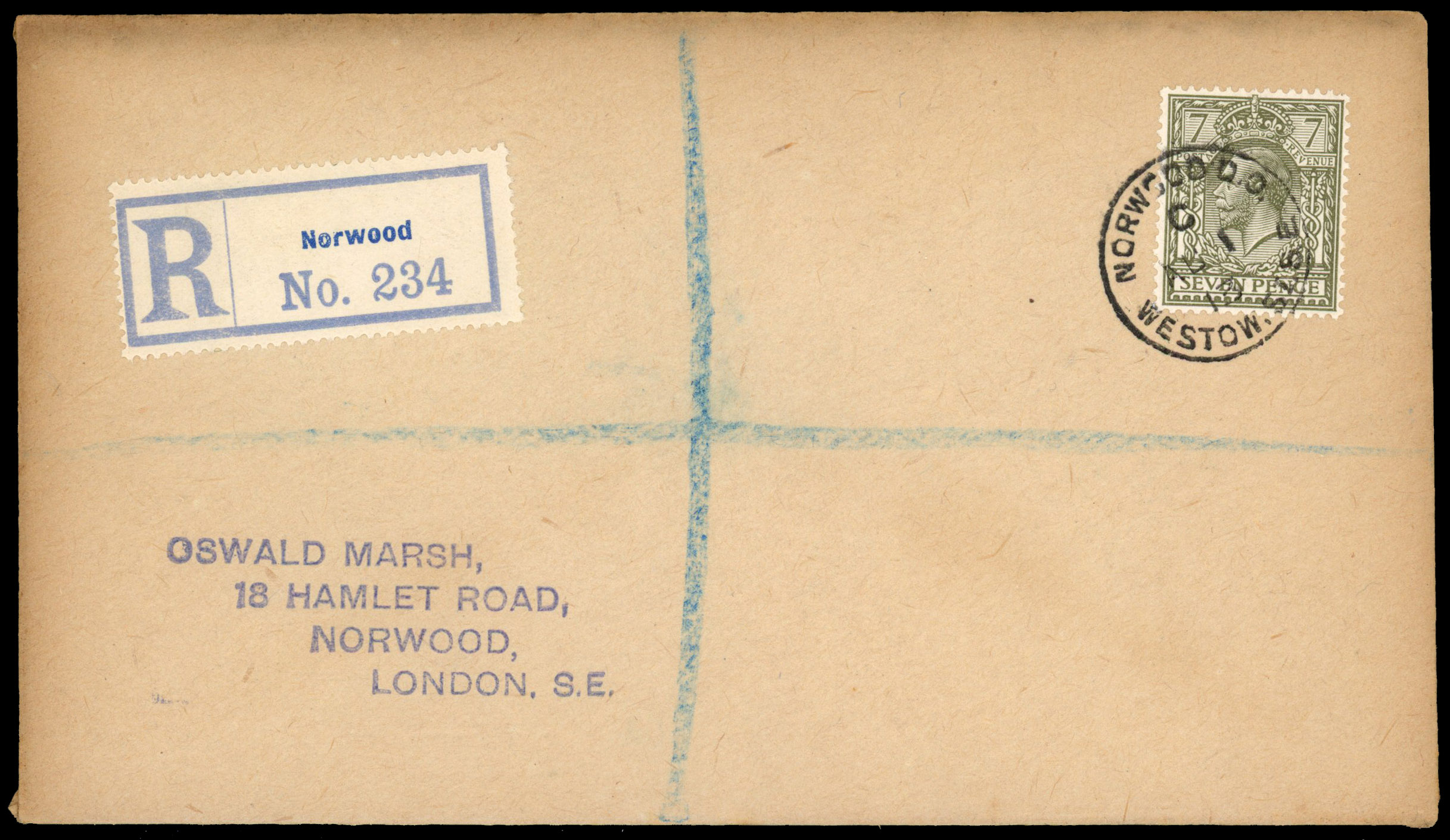 1913 7d Olive. Very fine used example tied to a plain 'Marsh' registered FDC
