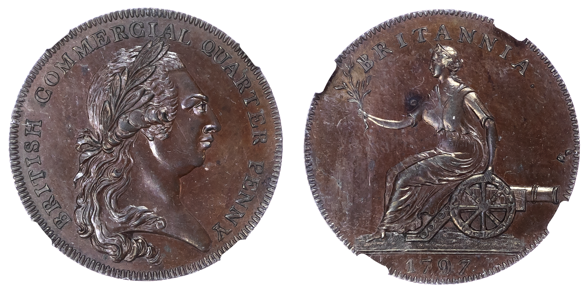 George III (1760-1820), Pre-1816 issues, Pattern British Commercial Quarter-Penny, 1797. NGC MS63 BN