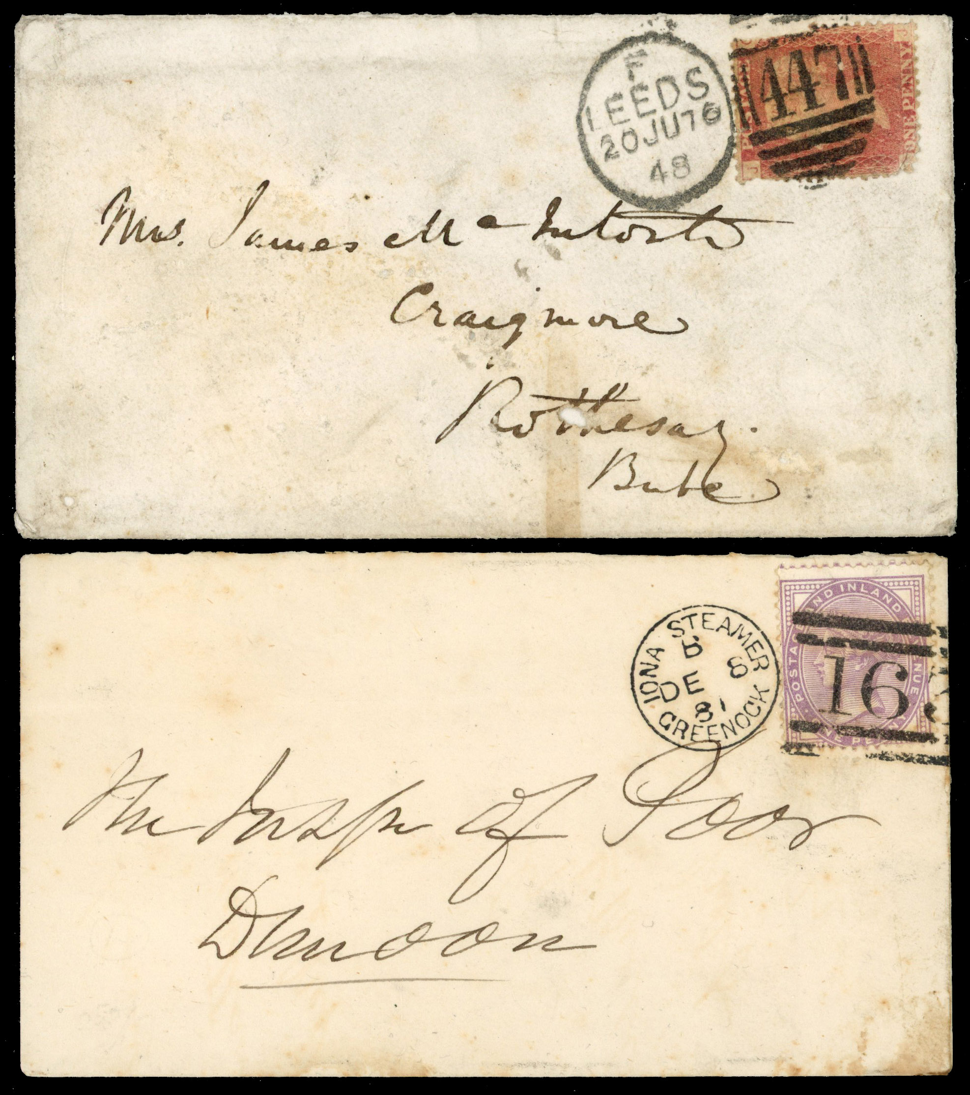 Island Steamers: 1881 envelope to Dunoon franked with 1d lilac (Die I) cancelled by neat ‘IONA STEAMER/GREENOCK/163’ duplex