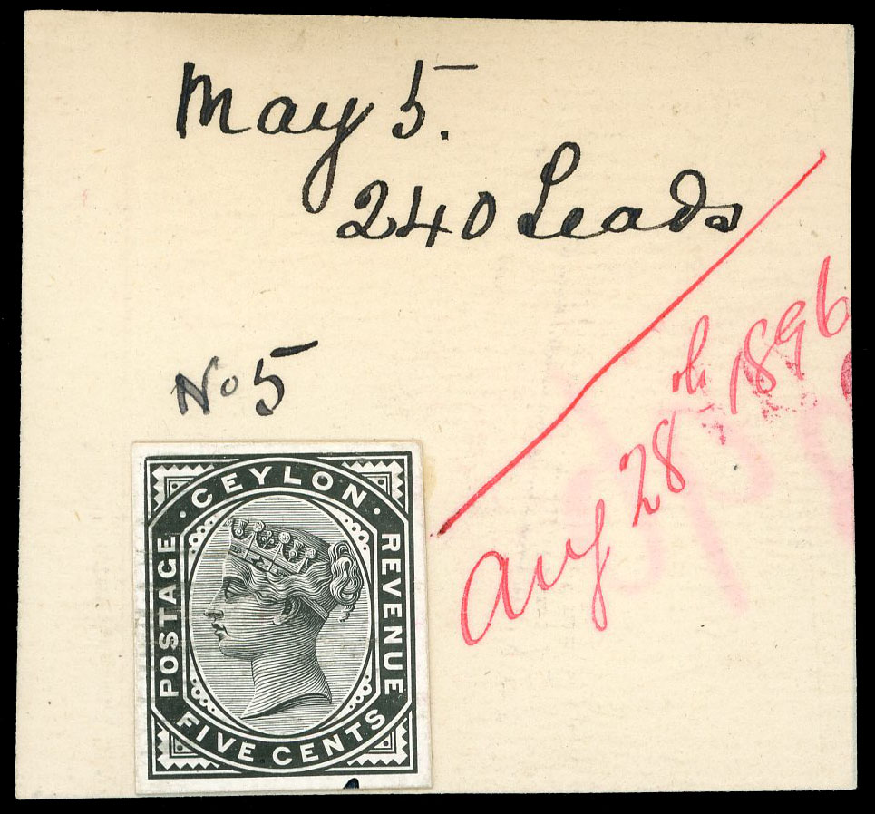 Ceylon SG 195var stamp-sized die proof ex DLR day book