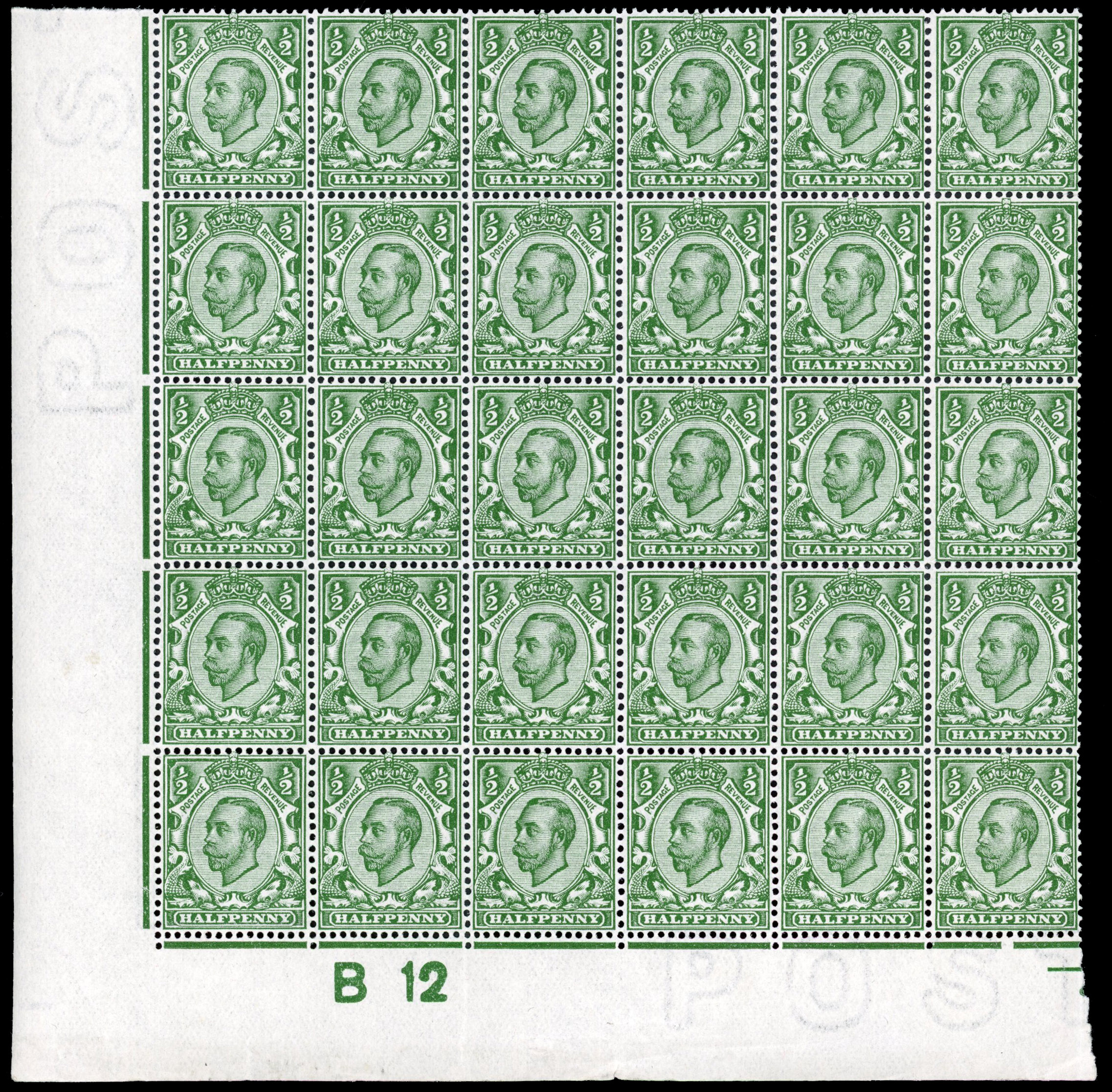 GB 1912 ½d bluish green, die 2, mint unmounted o.g. superb lower left corner control B12 block of thirty