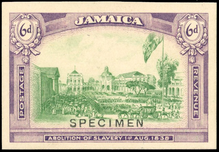 Jamaica 1922 (c.) Imperforate printer's sample of 1921 Abolition of Slavery 6d SPECIMEN SG 90var