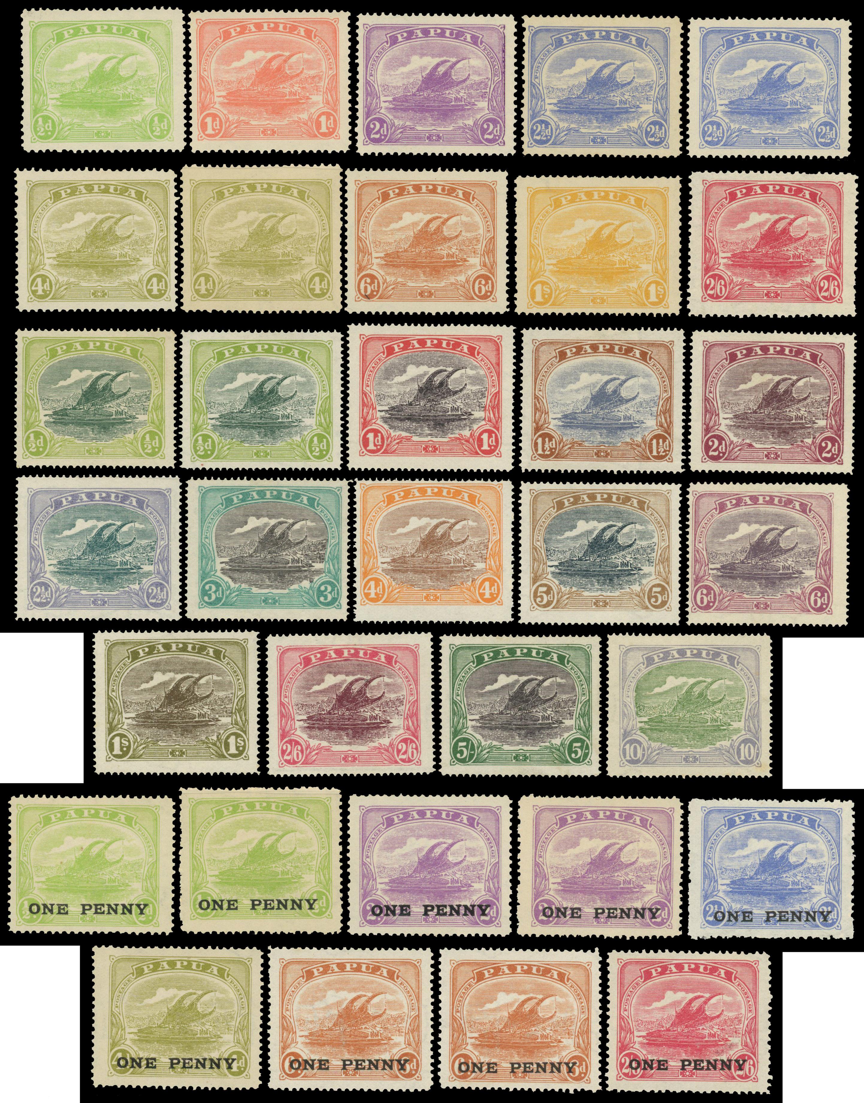 PAPUA: Mint on stock cards including 1911 to 2s6d, 1916 to 10s, 1917 to 1d on 2s6d, 1932 to £1, mainly fine. (63) SG 84/145 