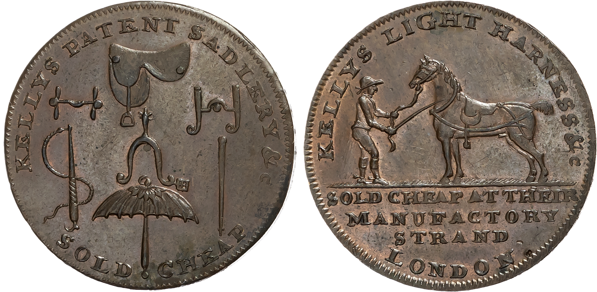 London , Strand , Jasper & Simon Kelly (saddle & harness makers) Halfpenny [1790s], Groom standing with harnessed horse, …