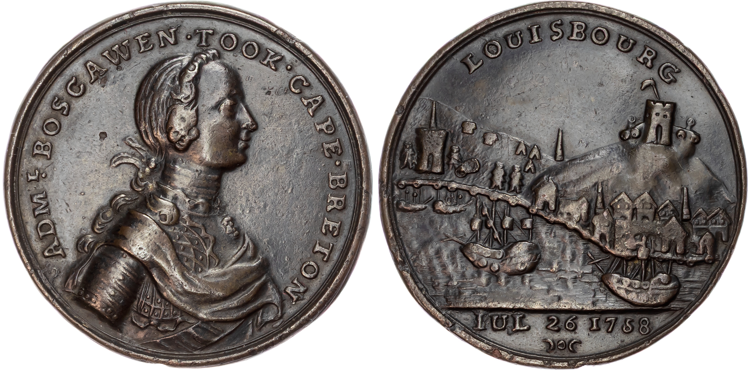 Capture of Louisburg, Nova Scotia 1758, by Admiral Edward Boscawen, AE cast medal 1758.
