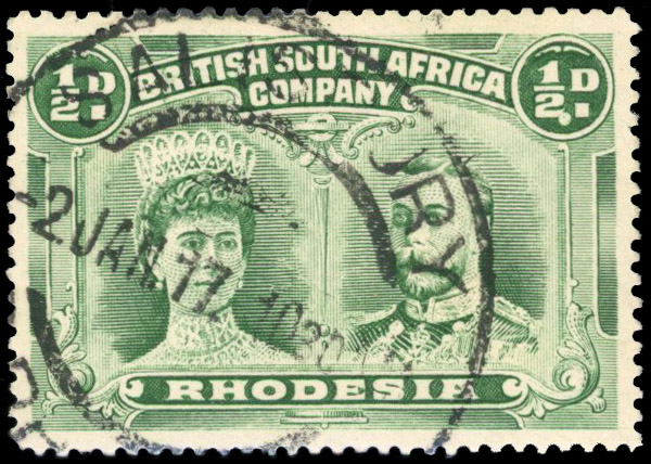 Rhodesia 1910-13 ½d dull blue-green perf 15 with Double Dot flaw