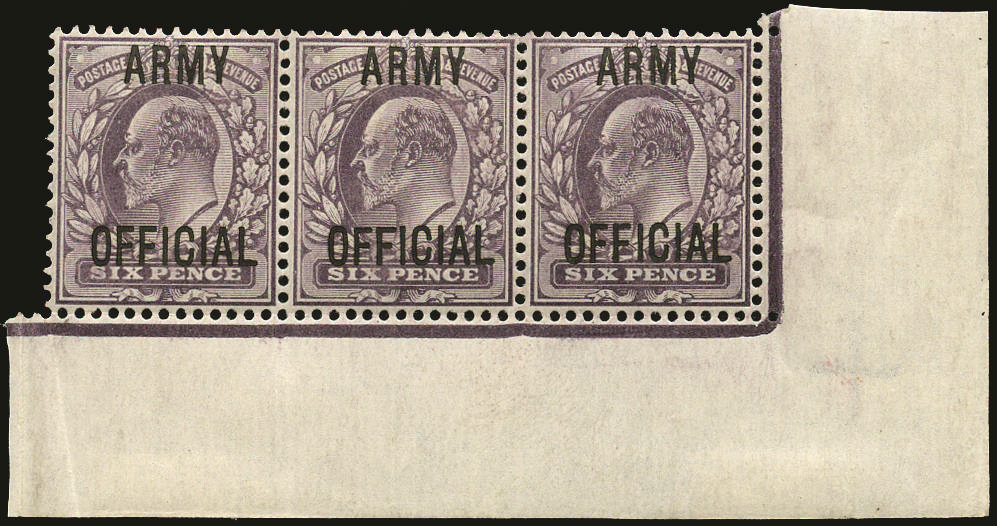 Great Britain 1902 6d Pale dull purple (Army Official). Very fine unused o.g. bottom right hand corner marginal st…