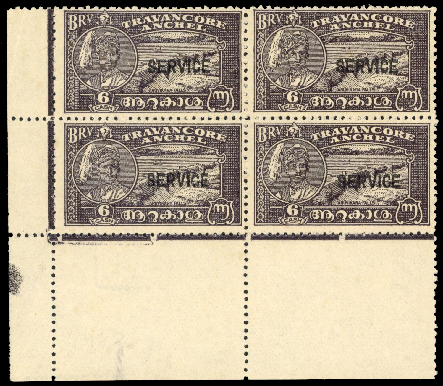 I.F.S Travancore SG O103b perf 12 in block of 4 mint