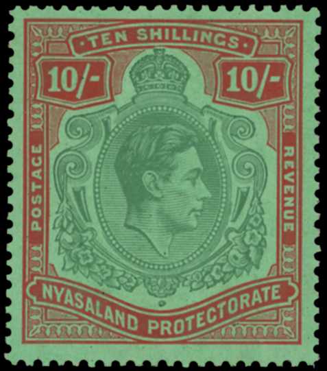 1938 10/- bluish green and brown-red on...