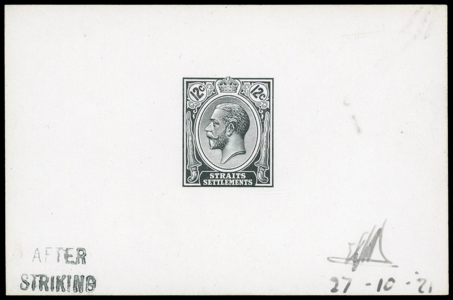 Straits Settlements 1921 12c die proof in black AFTER STRIKING