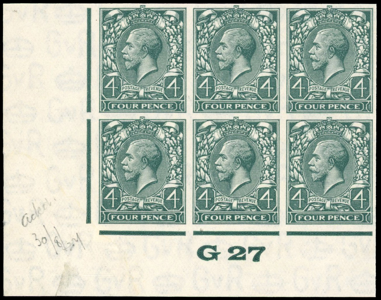 Great Britain 1927 4d Grey-green, Control Block of Six, BPMA Imprimatur, SG 424