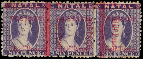 1895 ½d on 6d violet horizontal strip of three with part or large part o.g., the centre and right stamps showing surcharge...