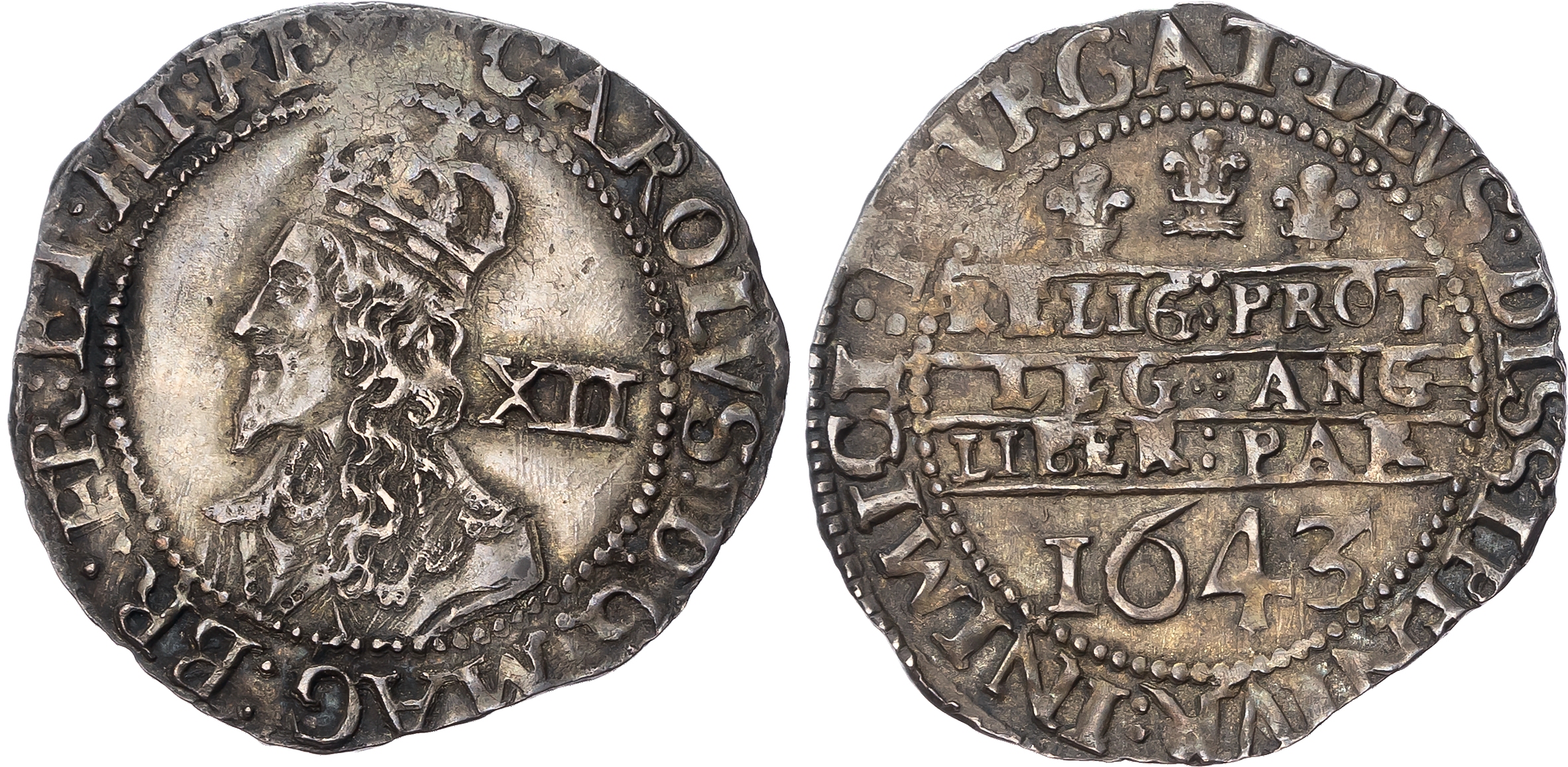 Charles I (1625-1649), AR Shilling 1643, Declaration type, Oxford mint; mm: plume. Crowned and draped bust left; XII beh…
