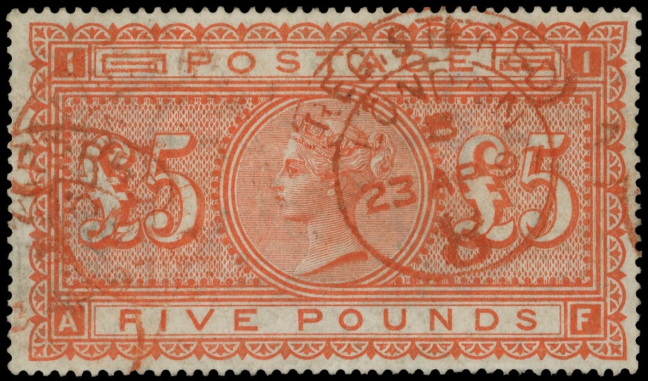 1882 £5 Orange Pl.1 (White paper) Cancelled red hooded datestamps