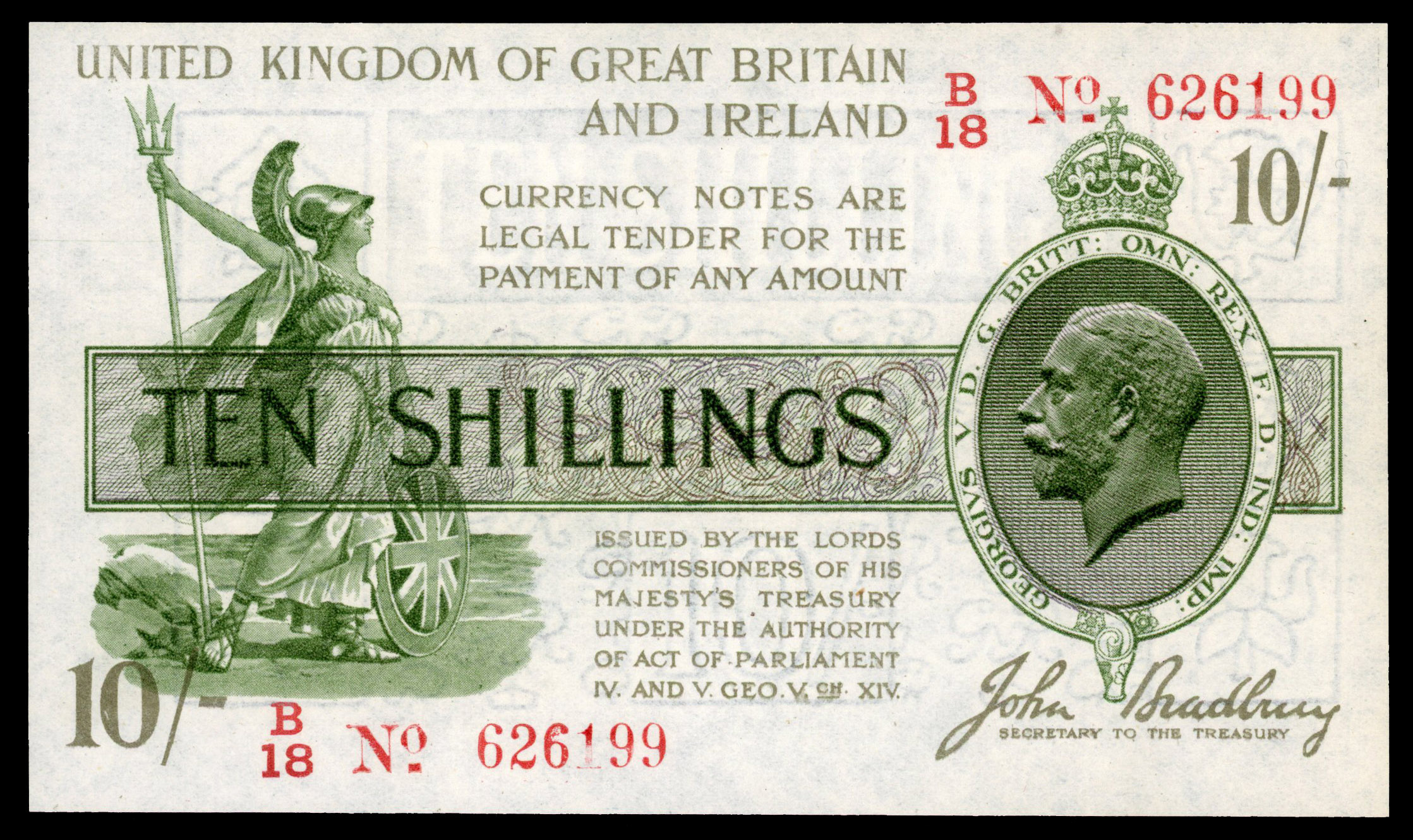 Treasury, J. Bradbury, Ten Shillings, 1918‑19, B/18 626199 in red.