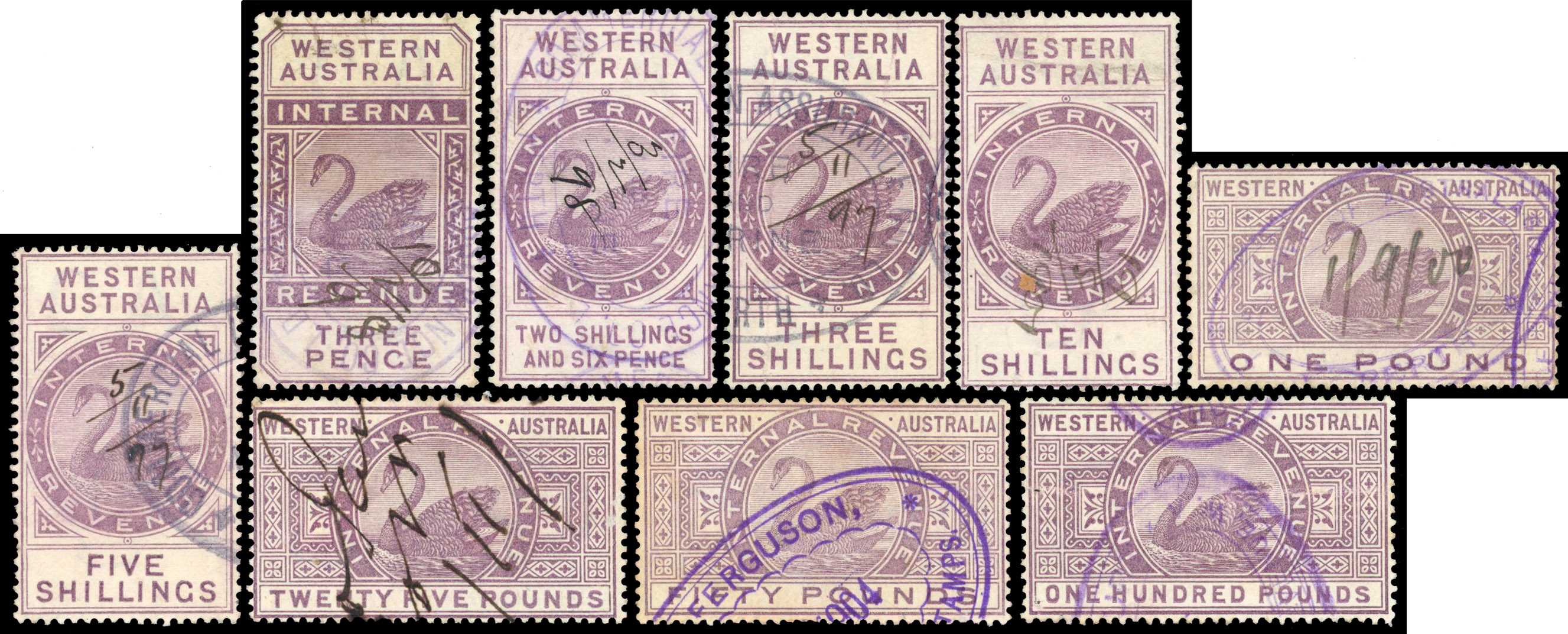 WESTERN AUSTRALIA 1896 Revenue 1d to £100 complete set of 12