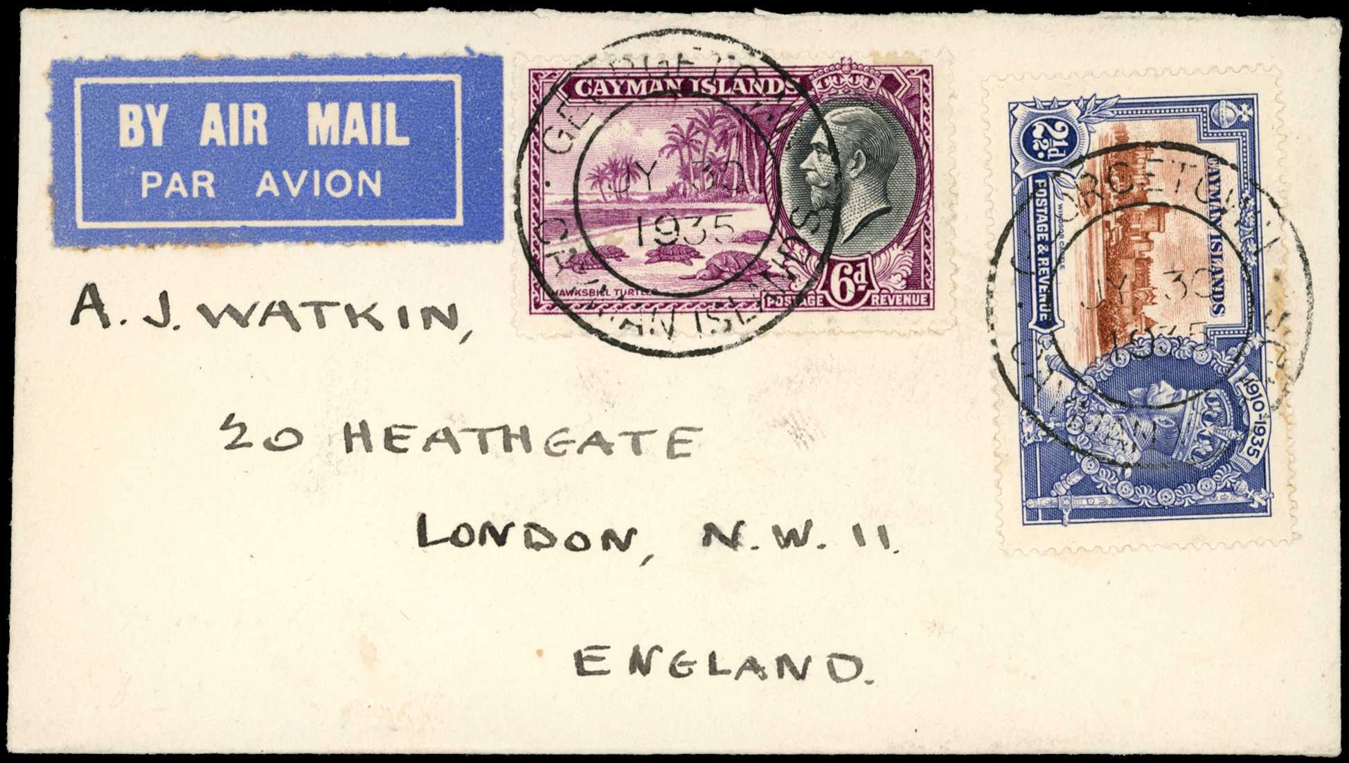 1935 "First AIR MAIL Via Jamaica" handstamp...