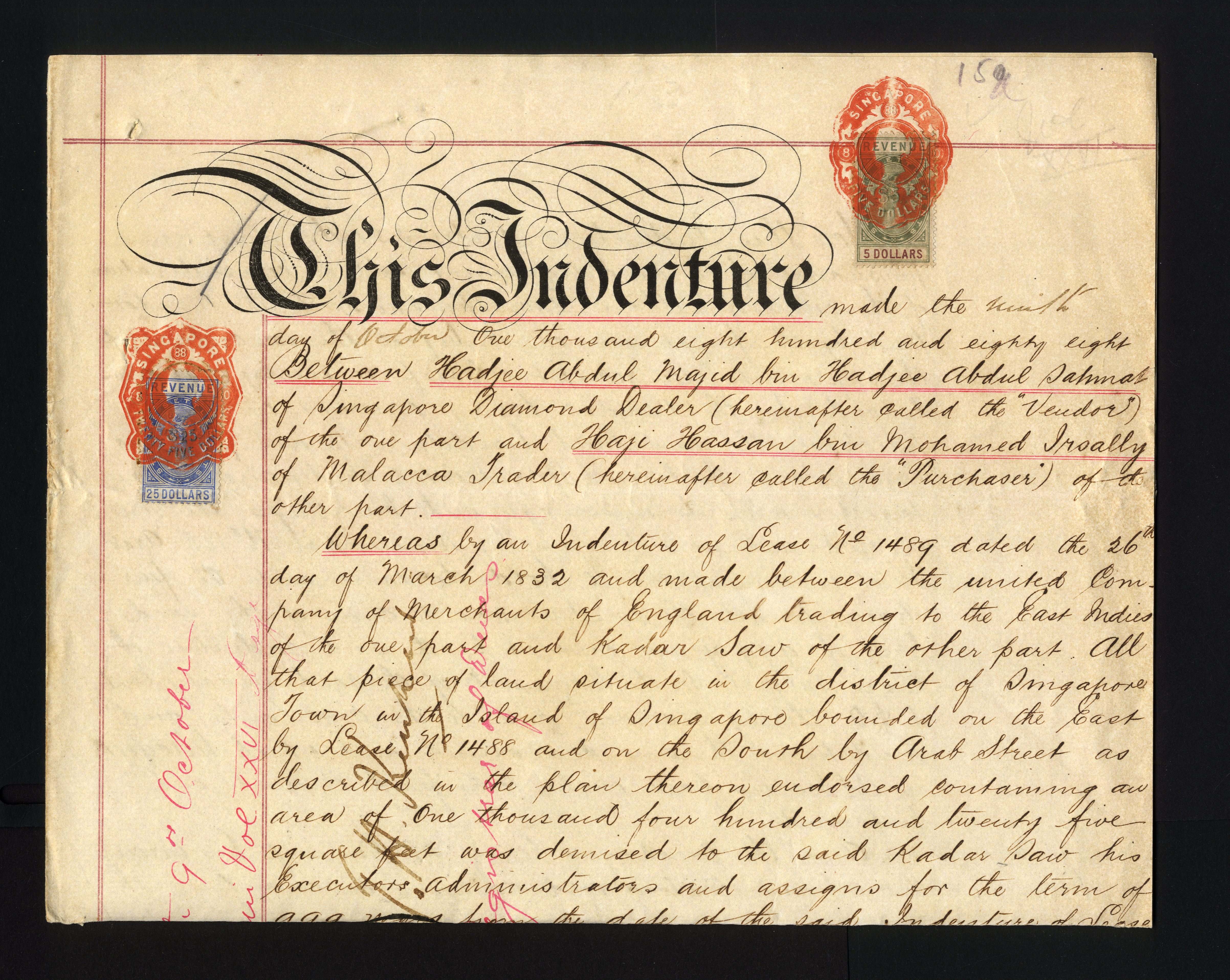 Malaya Straits $1884 $25 blue used on indenture document.