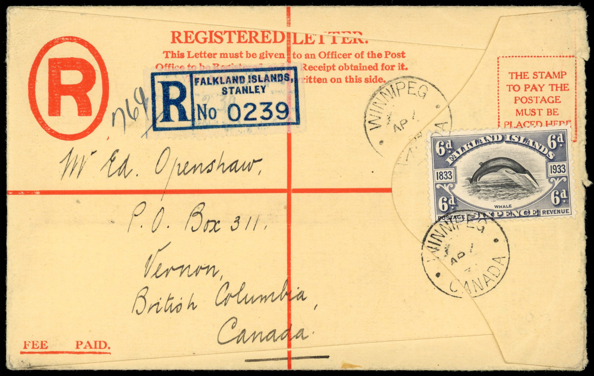 Falkland Is SG 133 1933 Centenary 6d on registered envelope to Canada