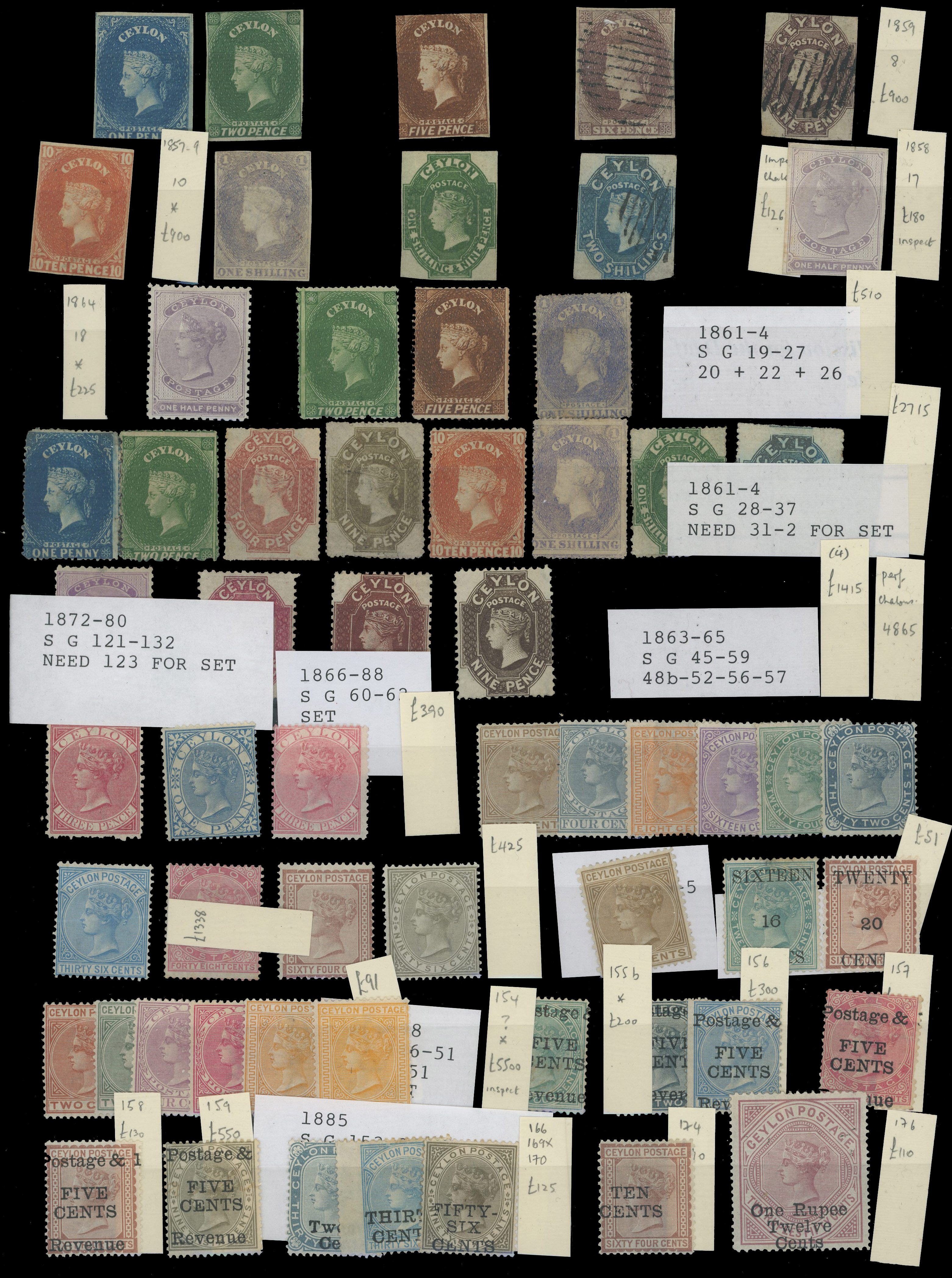 CEYLON: 1857 to 1935 mint selection on stockcard including 1857 1d, 2d, 5d mint, 6d and 9d used, 10d, 1s, 1s9d, 2s (used),