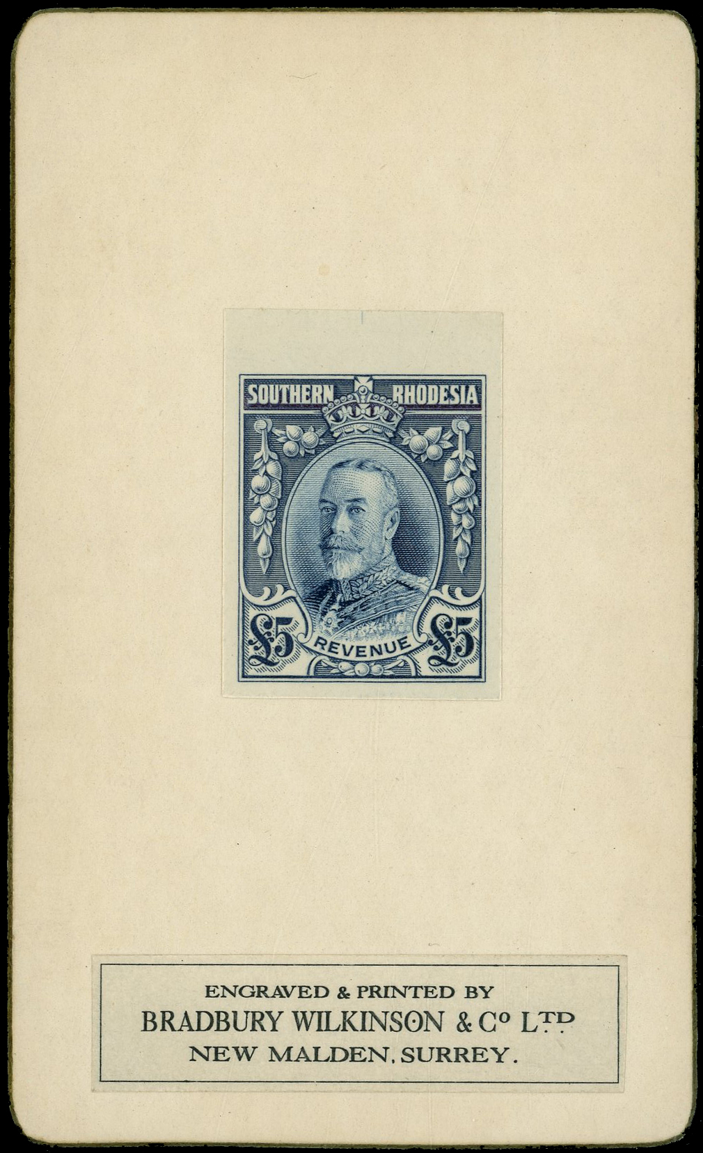 Southern Rhodesia Revenue 1930 £5 blue, imperforate colour trial